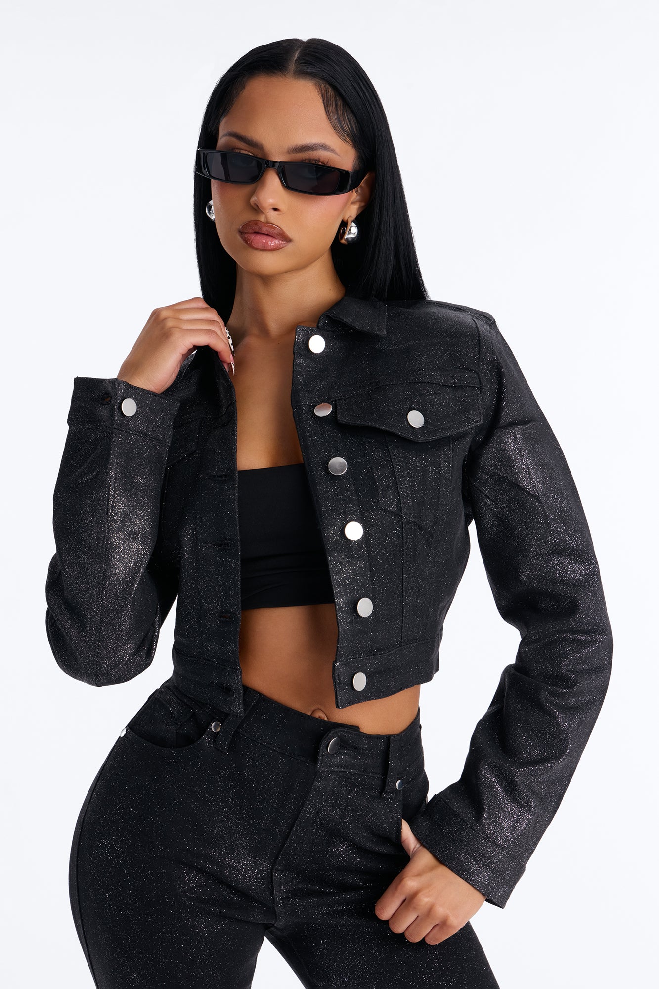 Past Midnight Glitter Foil Denim Jacket - Black