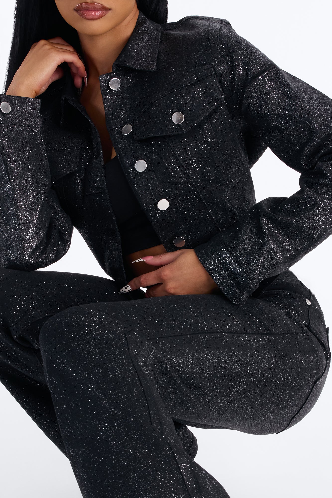 Past Midnight Glitter Foil Denim Jacket - Black