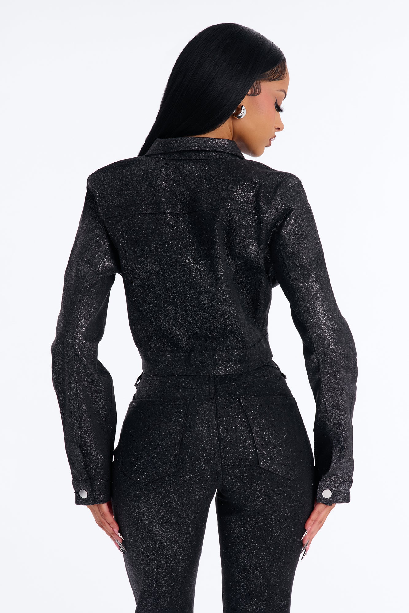 Past Midnight Glitter Foil Denim Jacket - Black