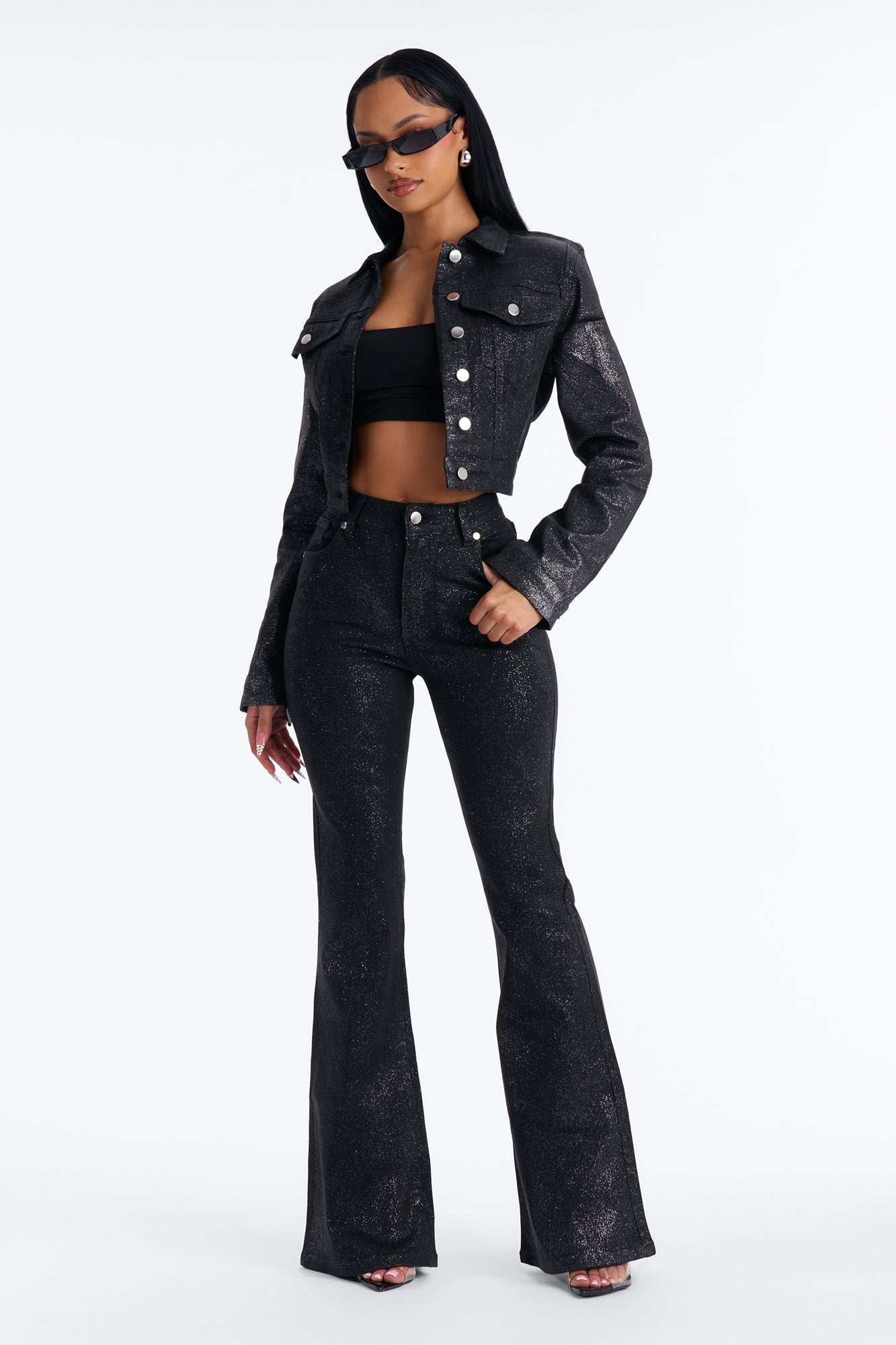 Past Midnight Glitter Foil Flare Jeans - Black