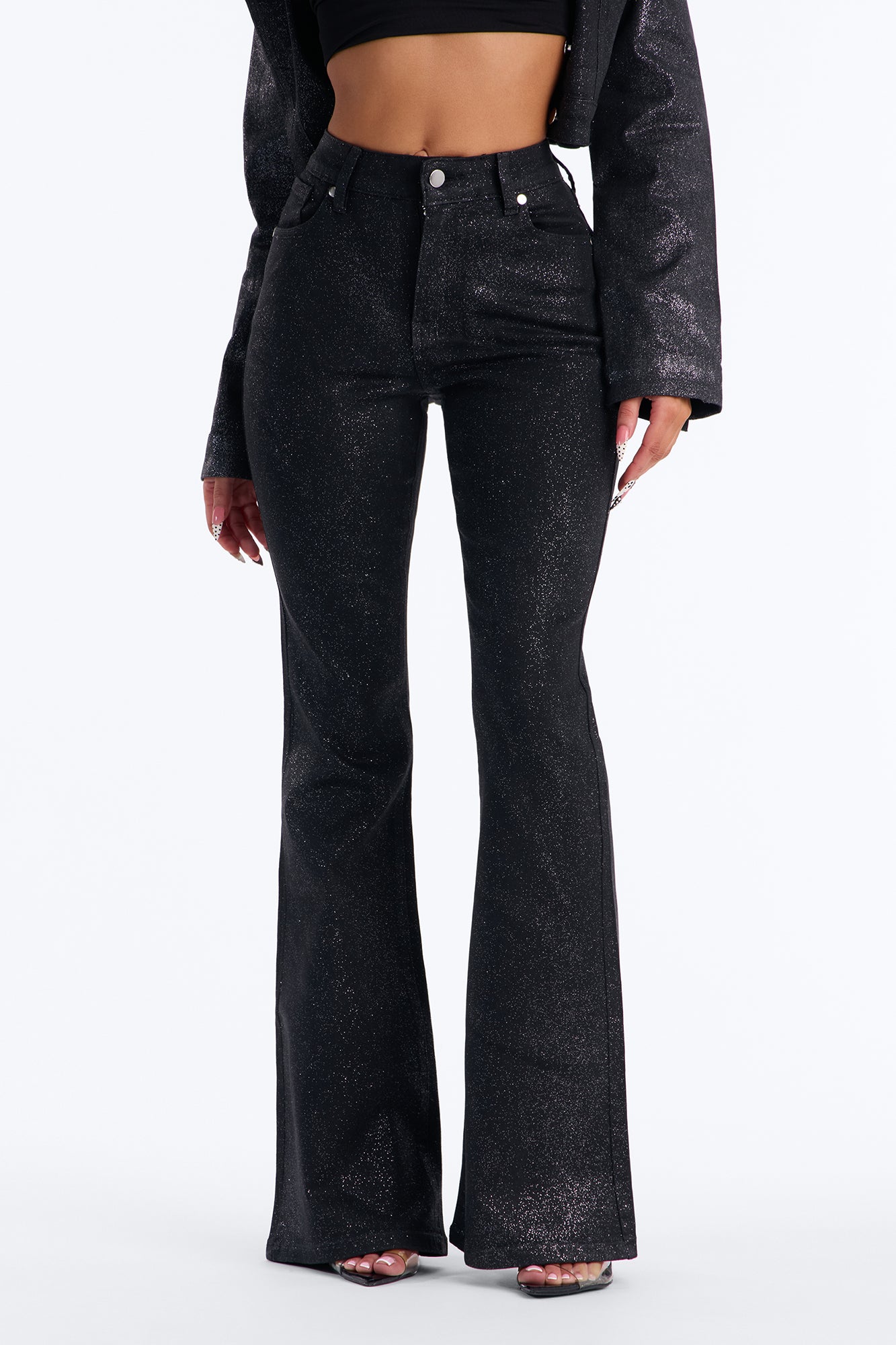 Past Midnight Glitter Foil Flare Jeans - Black