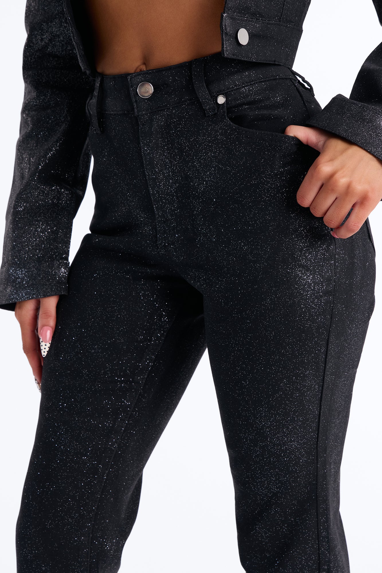 Past Midnight Glitter Foil Flare Jeans - Black