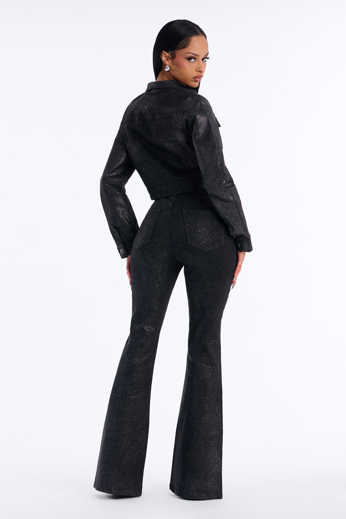 Past Midnight Glitter Foil Flare Jeans - Black