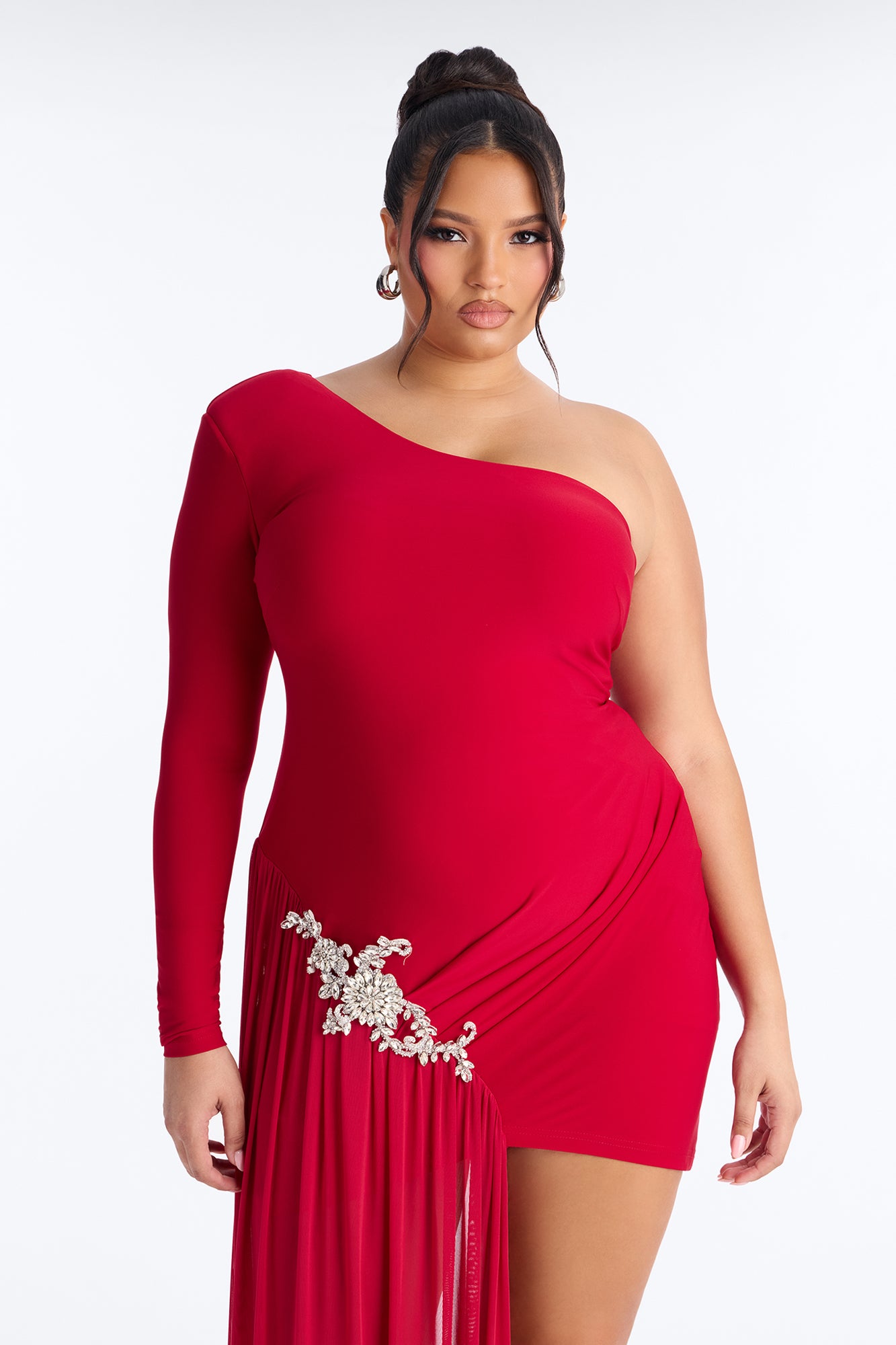 Leni One Shoulder Embellished Draped Mini Dress - Red