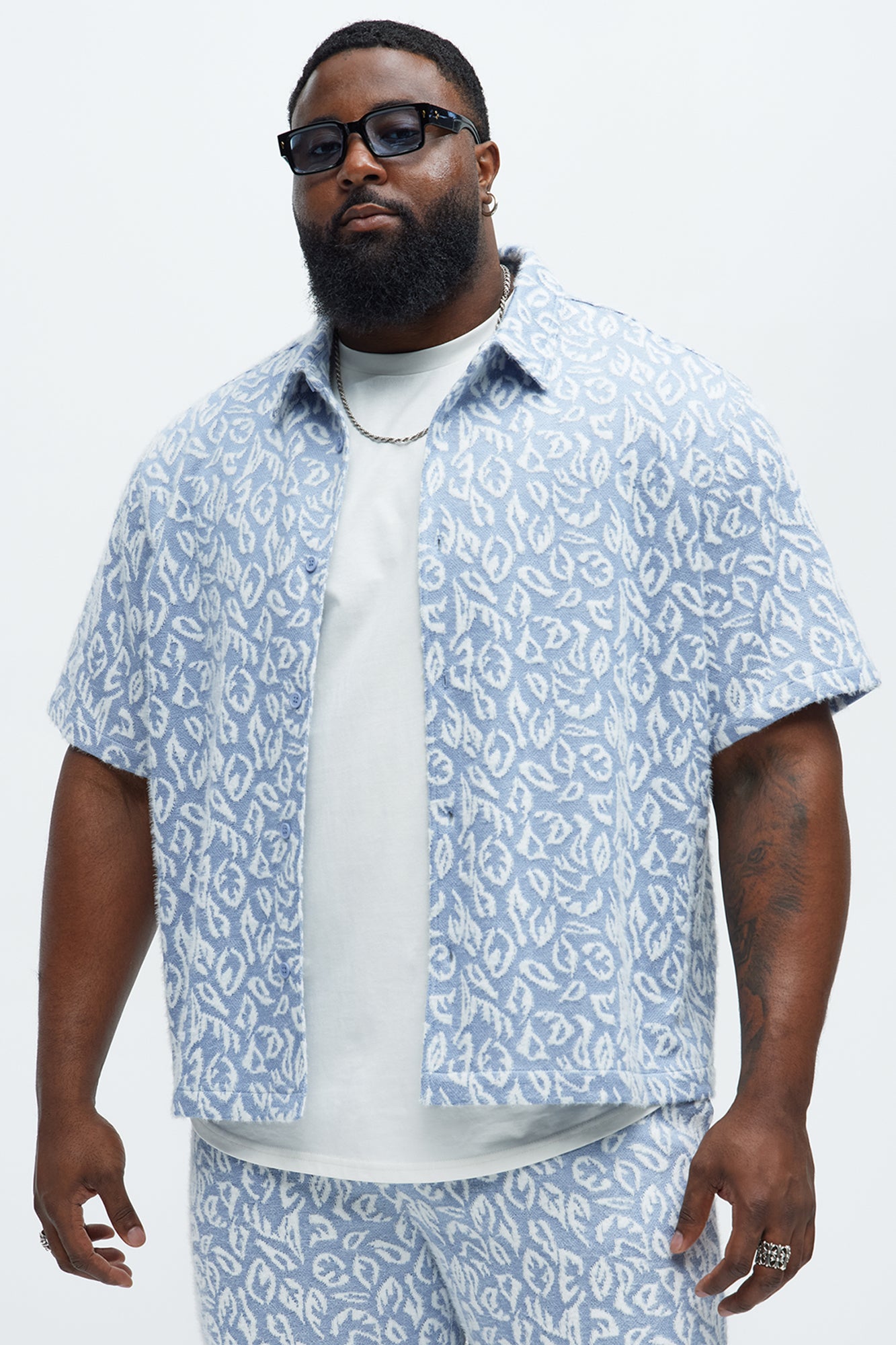 Jacquard Foliage Short Sleeve Shirt - Blue/combo