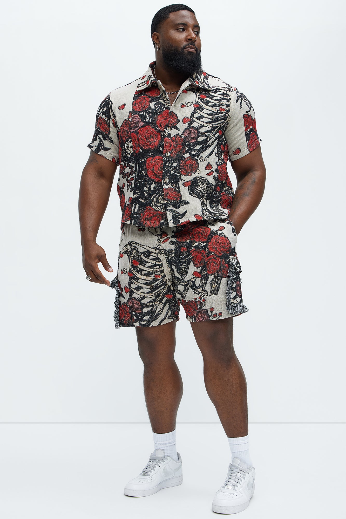Petals Tapestry Short Sleeve Button Up Shirt - Red/combo