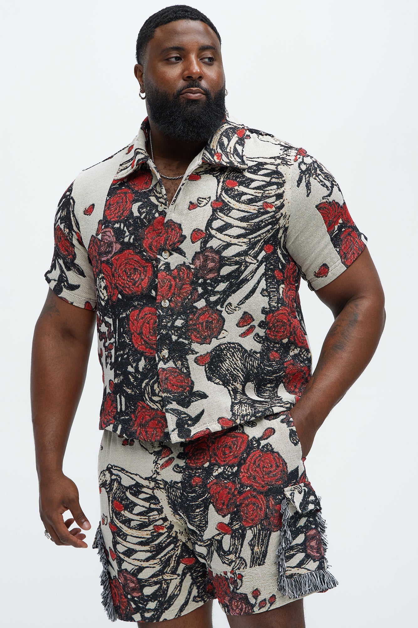 Petals Tapestry Short Sleeve Button Up Shirt - Red/combo