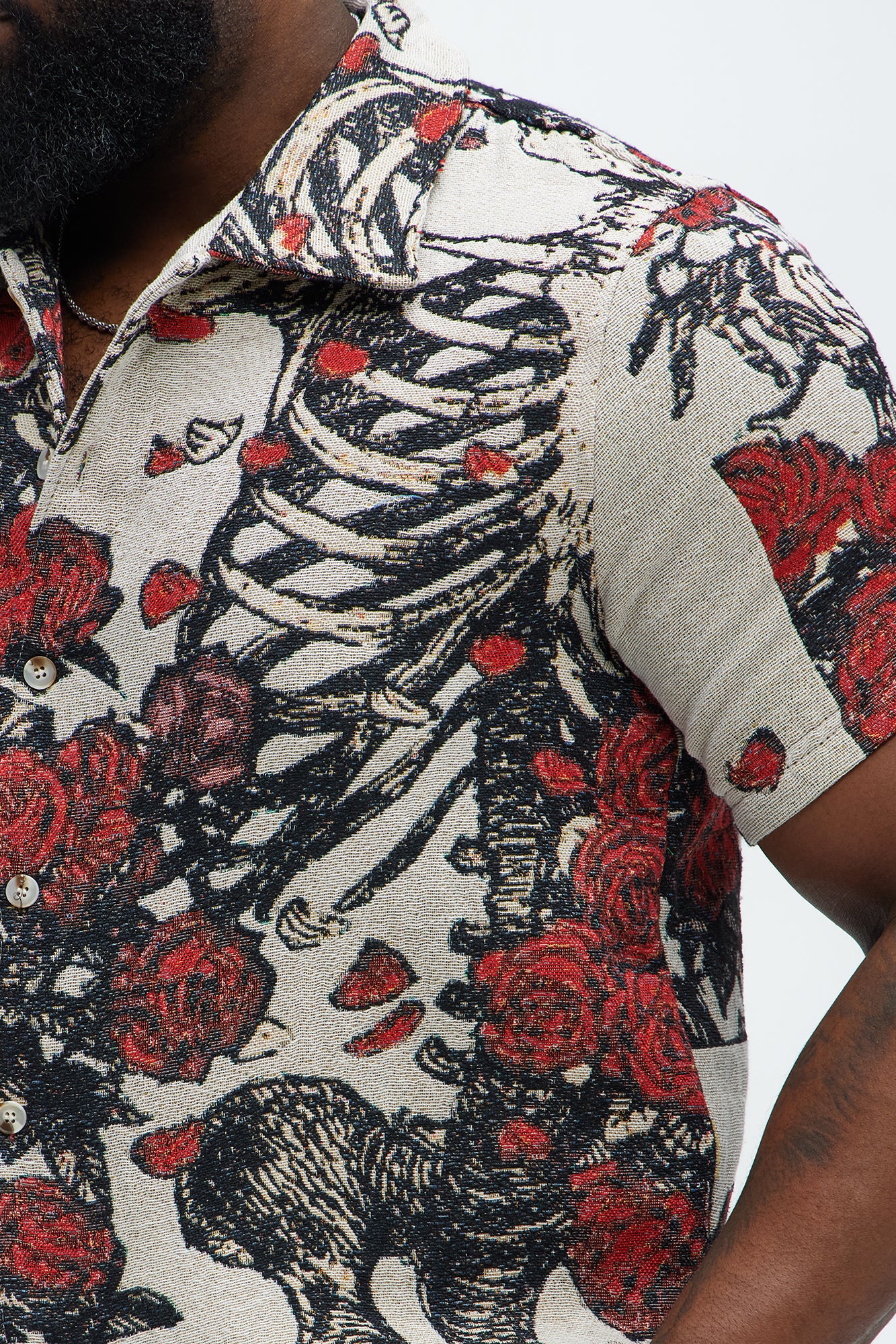 Petals Tapestry Short Sleeve Button Up Shirt - Red/combo