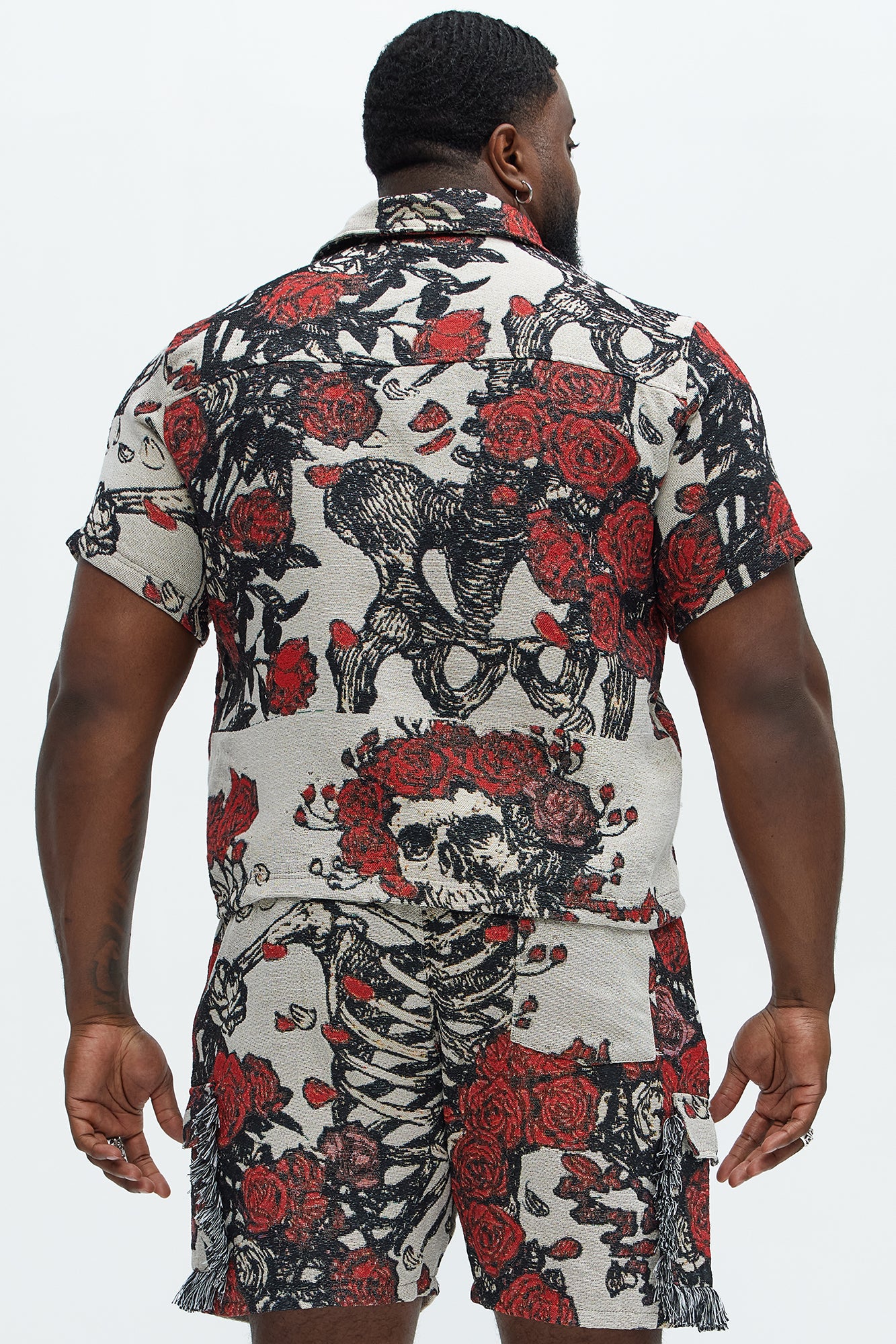 Petals Tapestry Short Sleeve Button Up Shirt - Red/combo