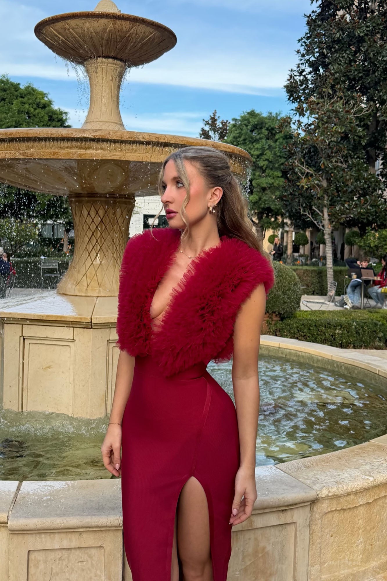 Saidee Bandage Fluff Midi Dress - Wine