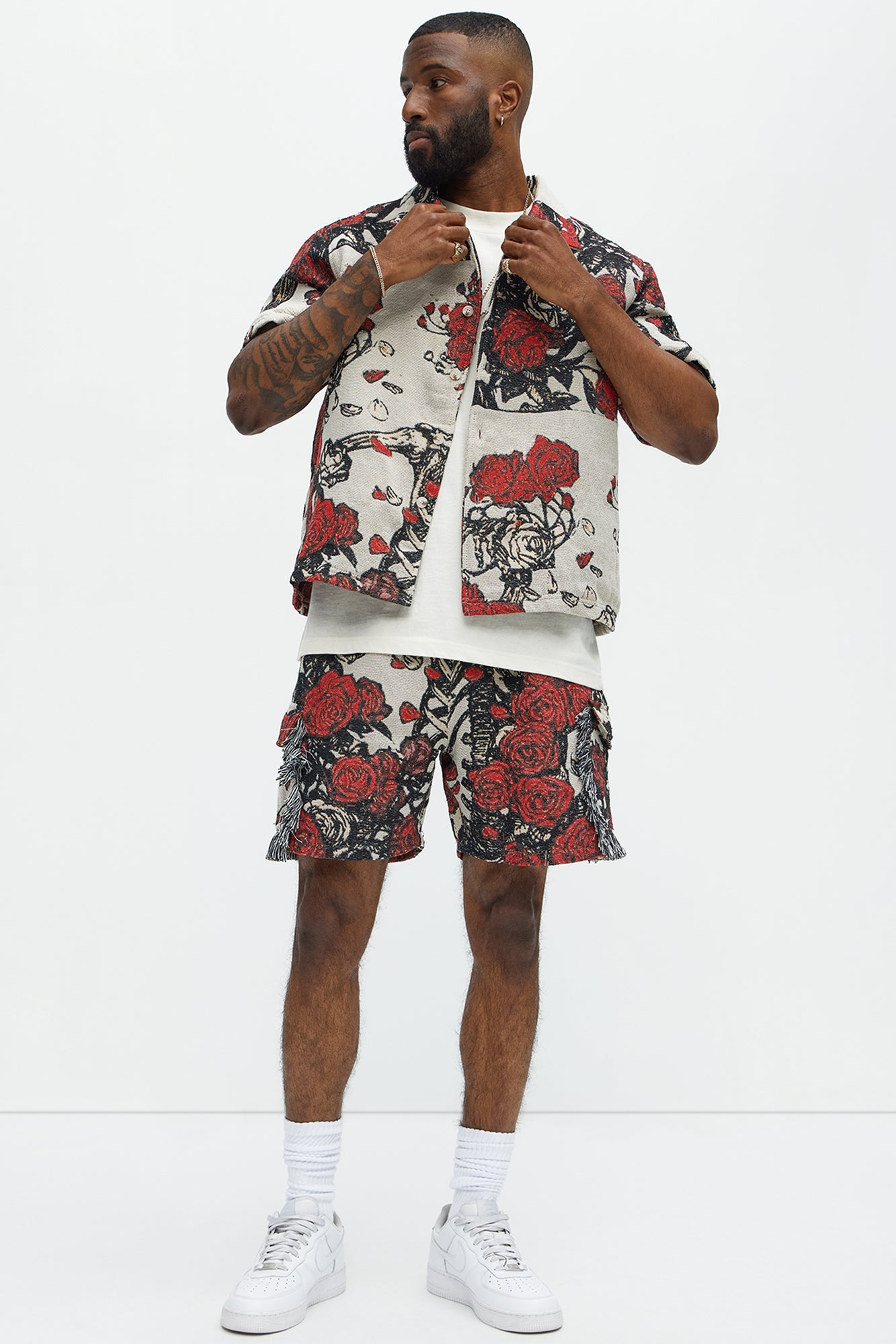 Petals Tapestry Short Sleeve Button Up Shirt - Red/combo