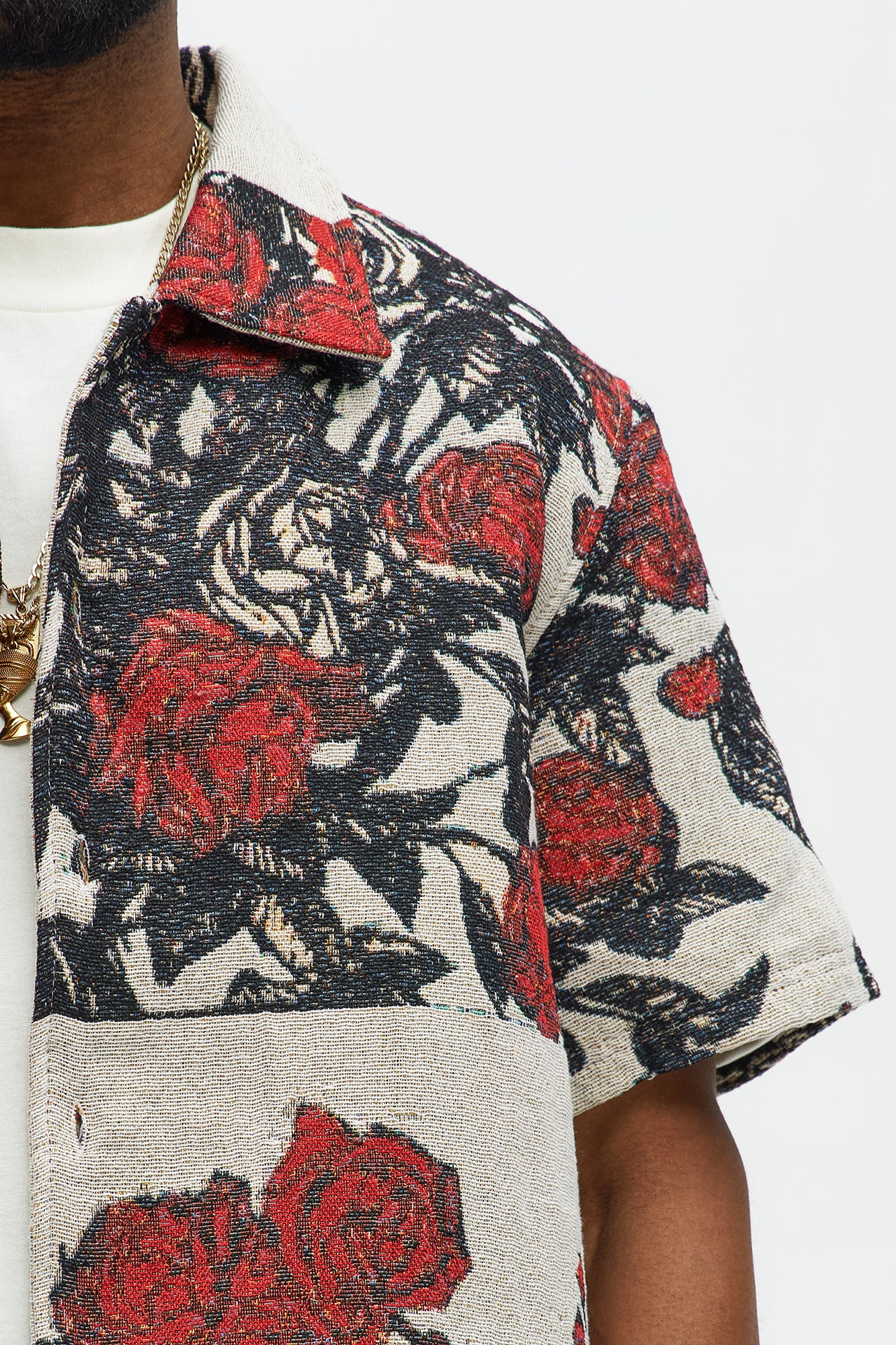 Petals Tapestry Short Sleeve Button Up Shirt - Red/combo