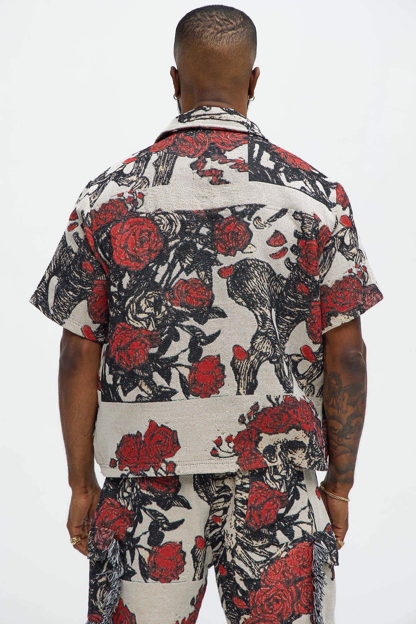 Petals Tapestry Short Sleeve Button Up Shirt - Red/combo