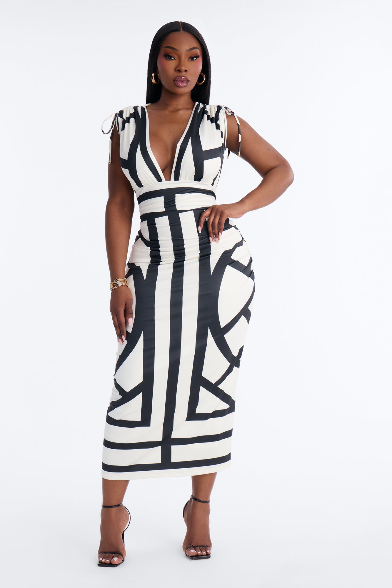 Alicia Printed Ruched Midi Dress - White/Black