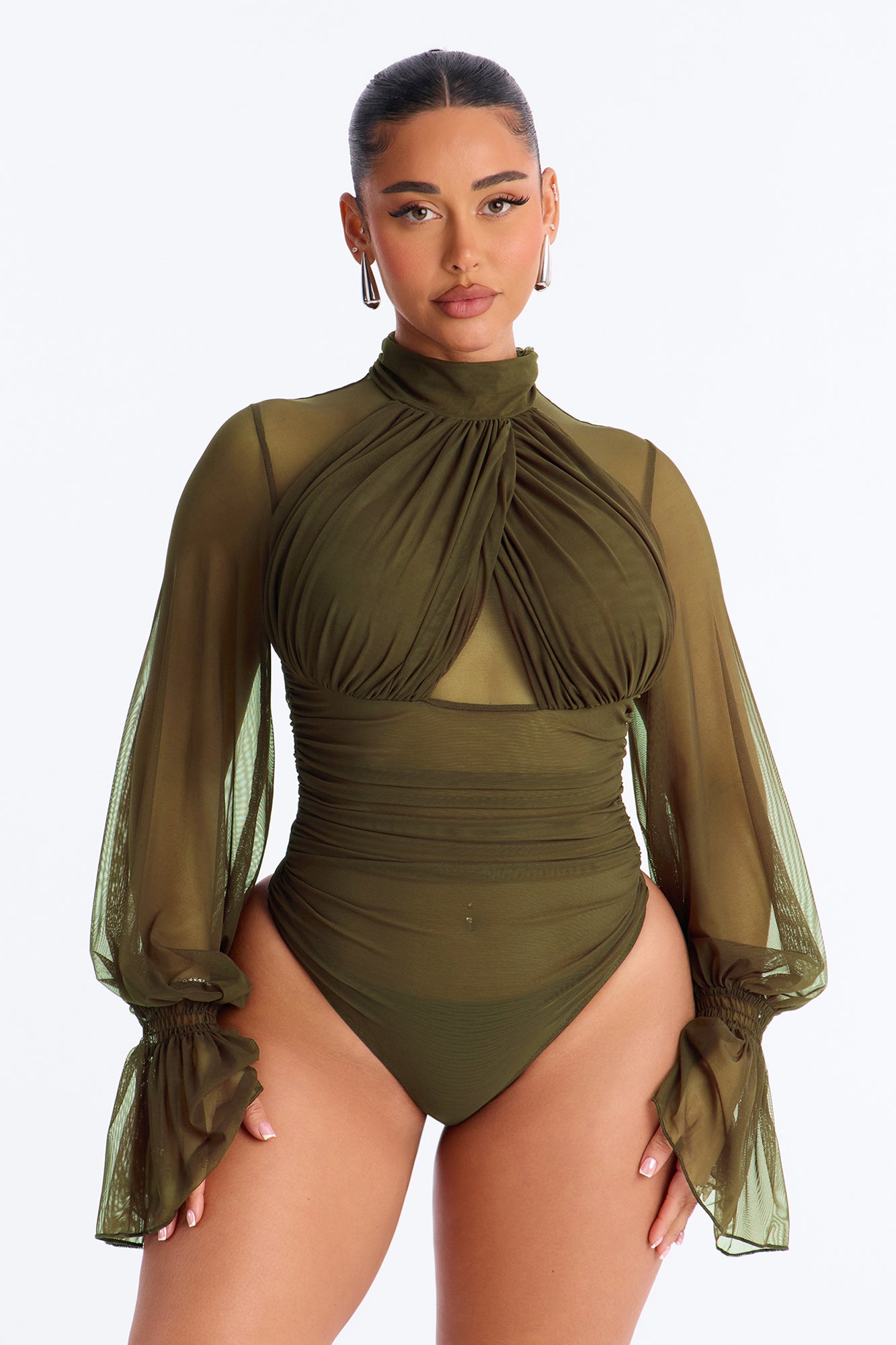 Juliet Ruched Mesh Long Sleeve Bodysuit - Olive