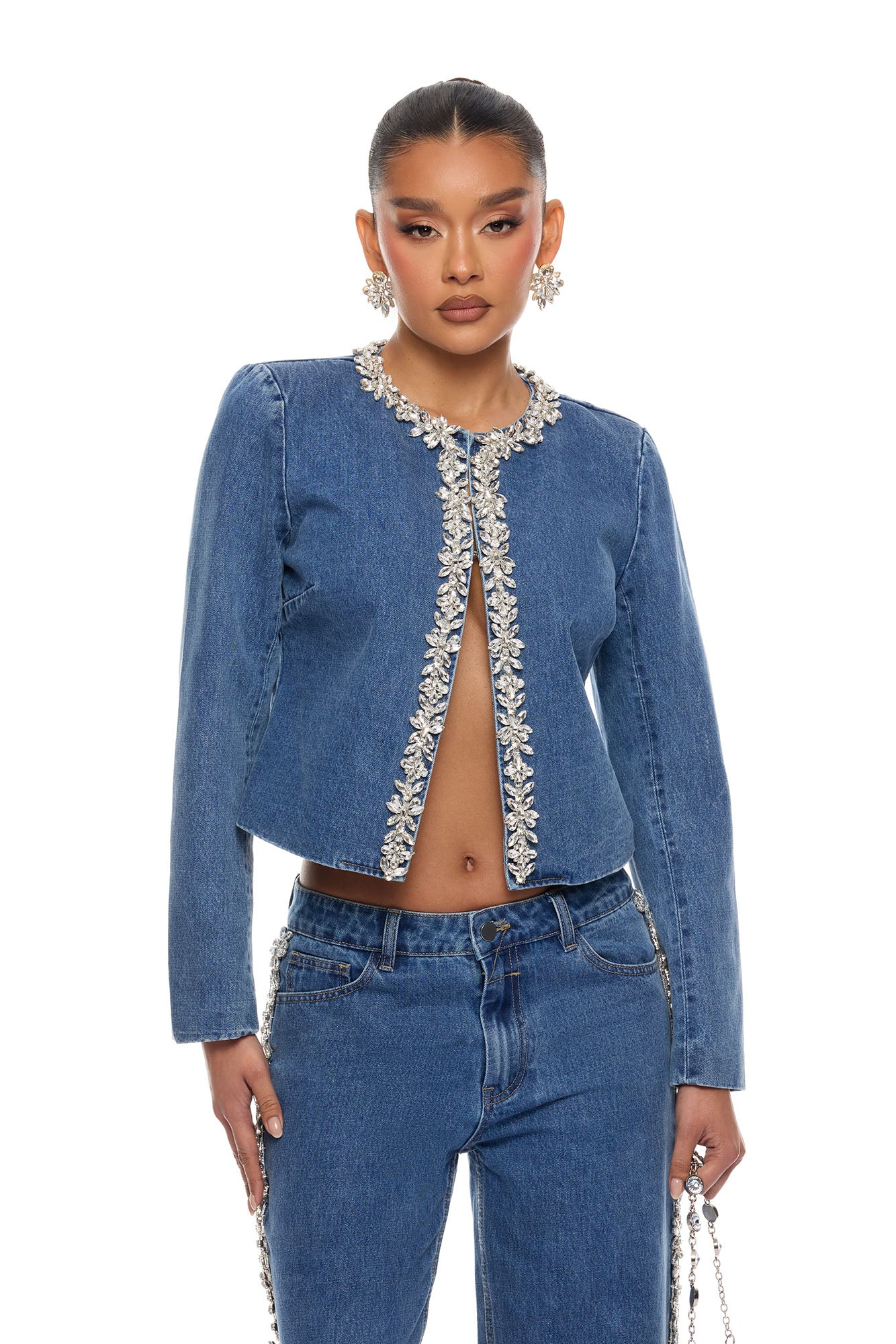 Came To Play Rhinestone Denim Jacket - Vintage Wash