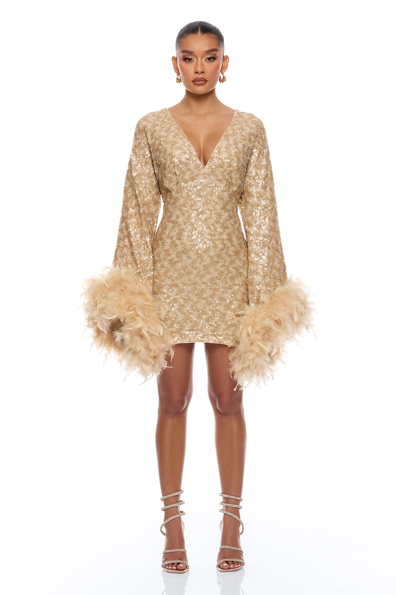 Opal Dreams Feathered Sequin Mini Dress - Gold