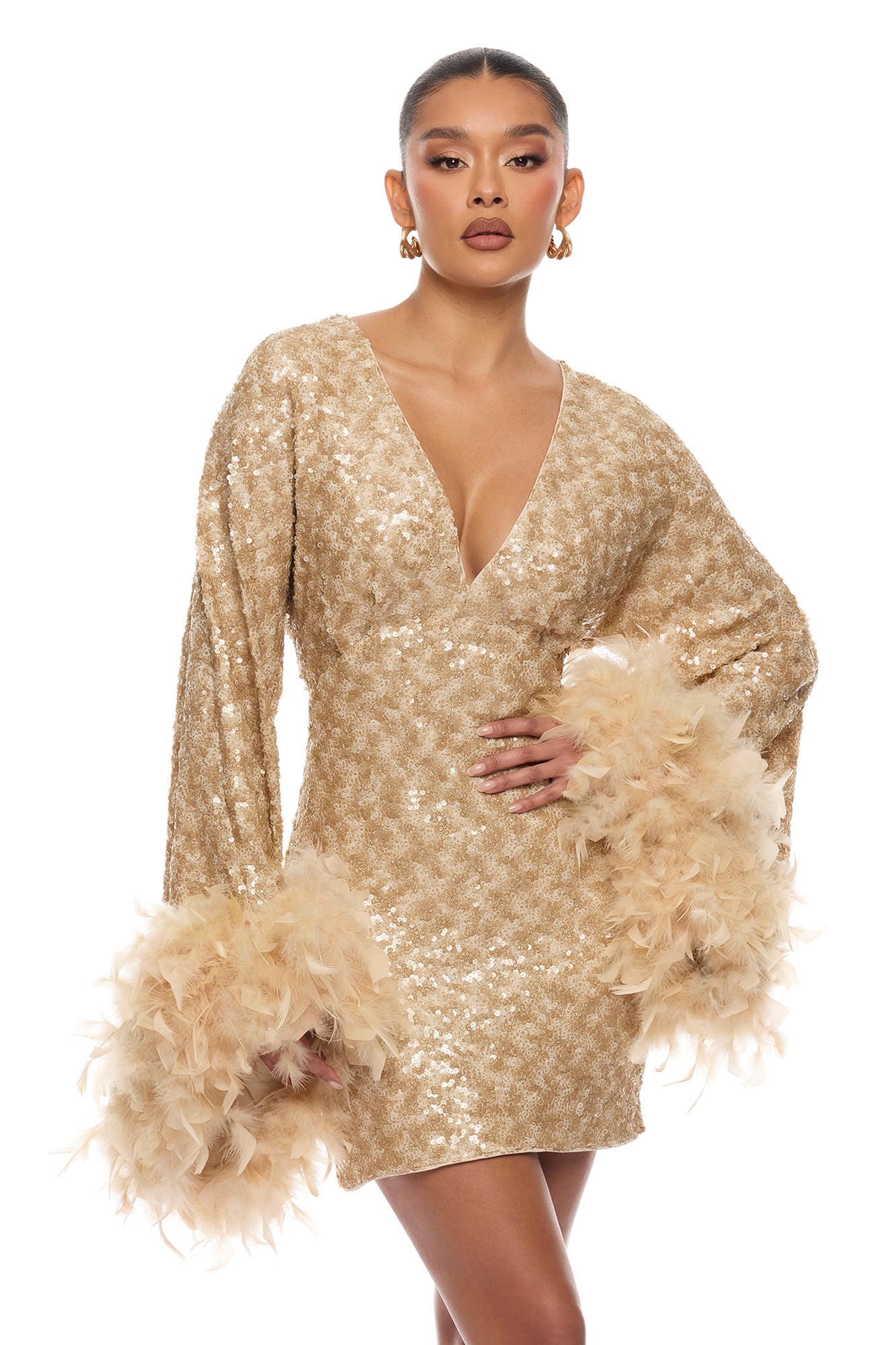 Opal Dreams Feathered Sequin Mini Dress - Gold