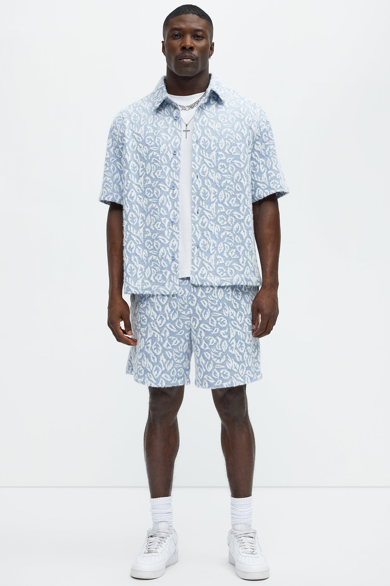 Jacquard Foliage Short Sleeve Shirt - Blue/combo