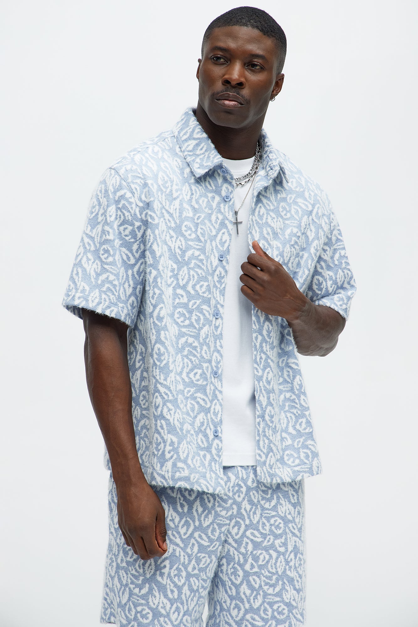 Jacquard Foliage Short Sleeve Shirt - Blue/combo