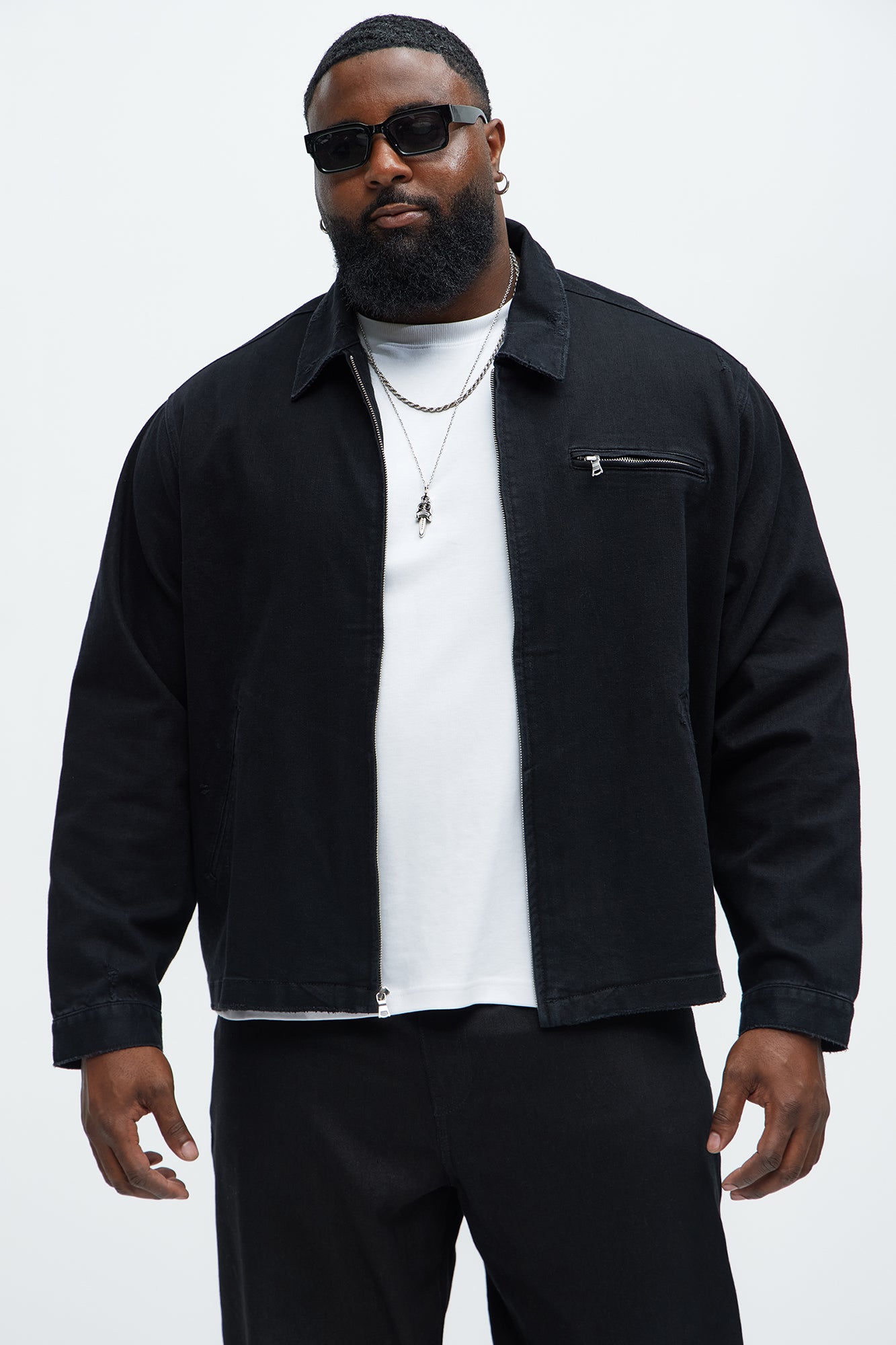 Distressed Zip Denim Jacket - Black