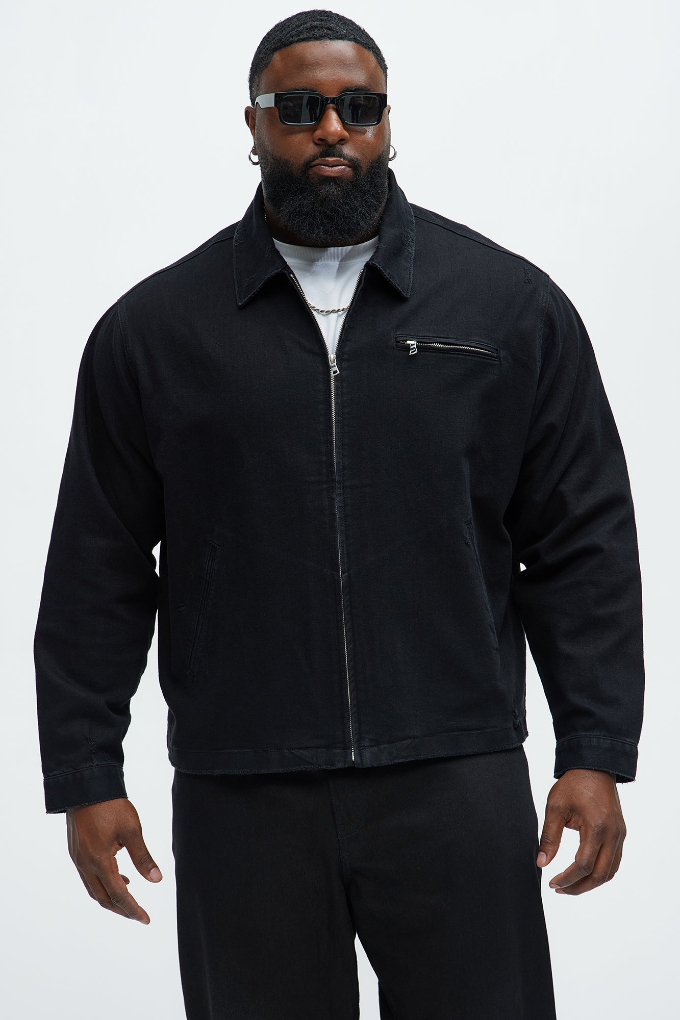 Distressed Zip Denim Jacket - Black