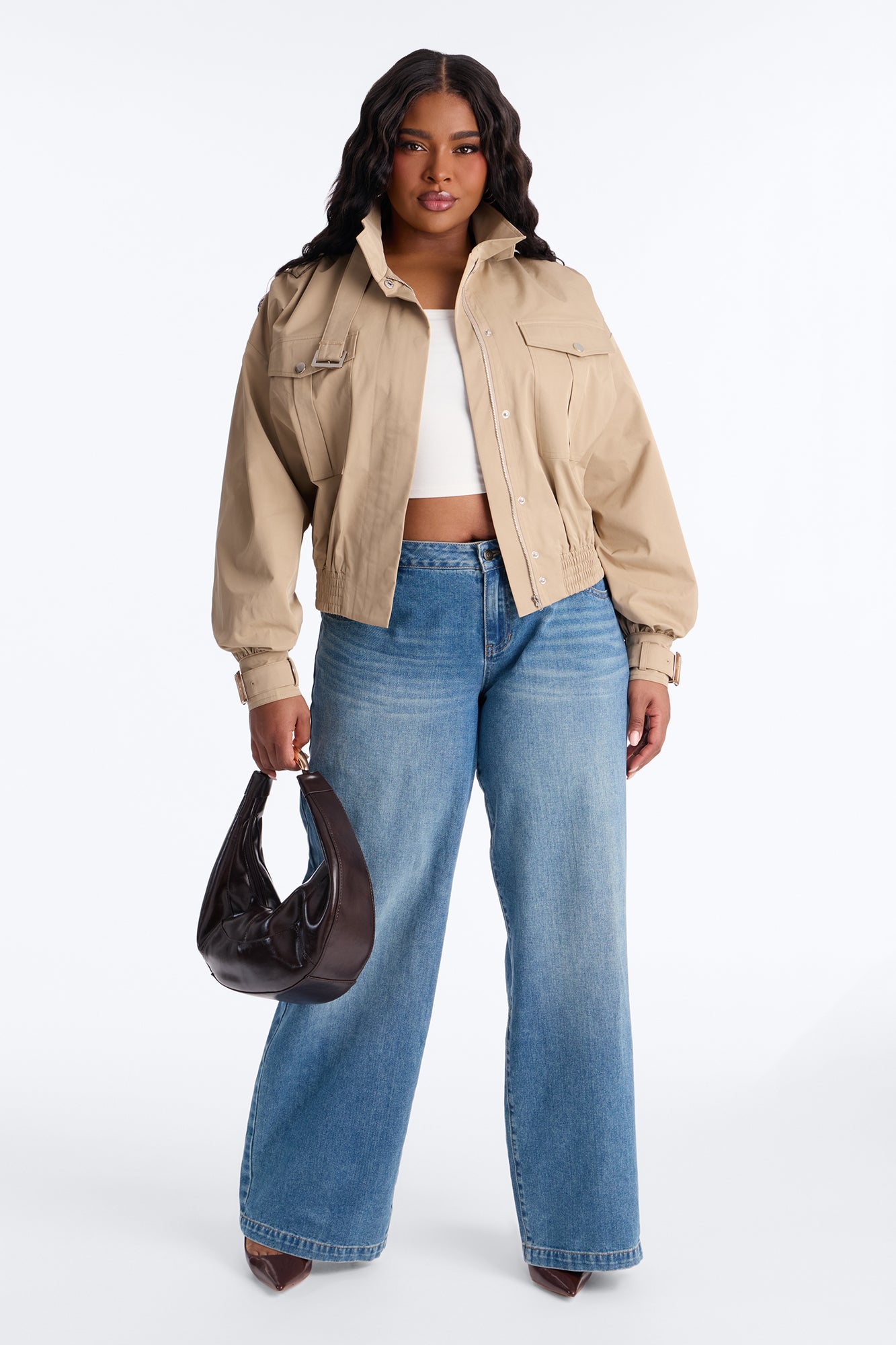 Gracelle Lightweight Twill Funnel Neck Bomber Jacket - Khaki