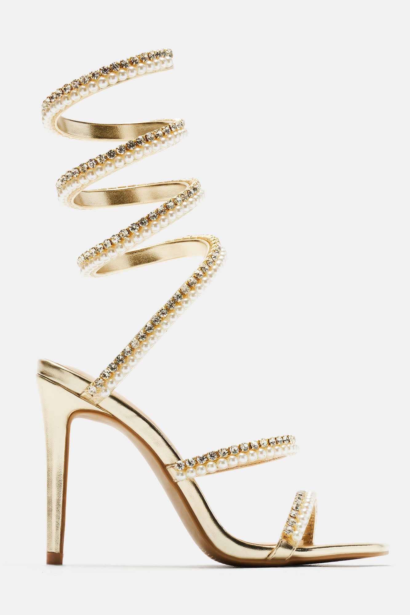 Maeve Embellished Pearl Wrap Up Heels - Gold