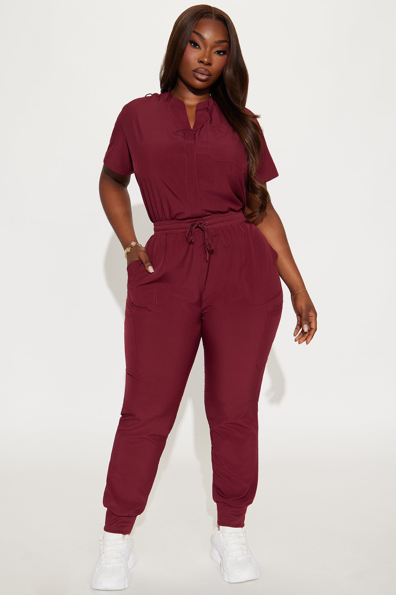 Full Shift Stretch Jogger Scrub Uniform Jumpsuit - Wine