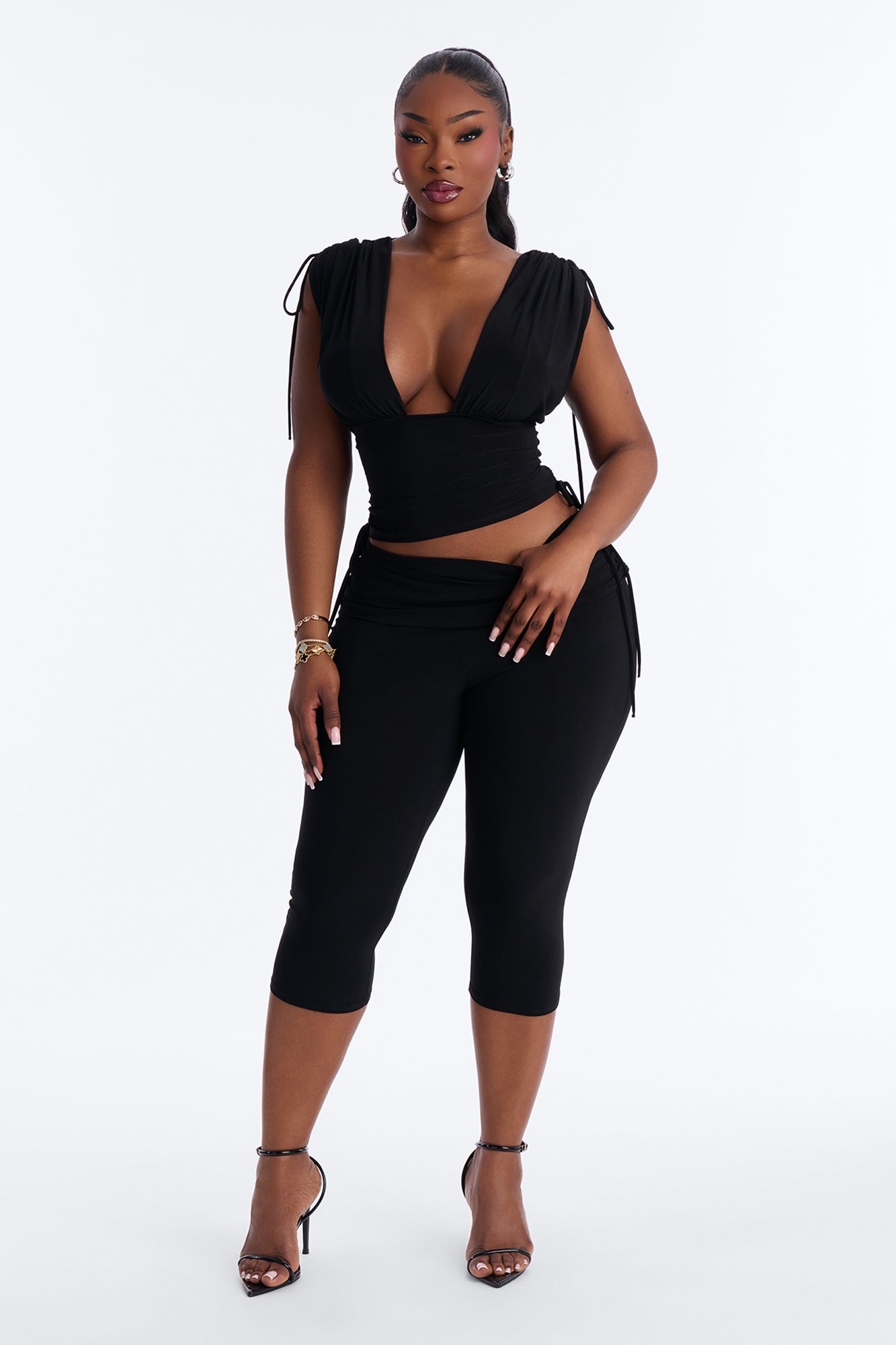 Corina Ruched Capri Set - Black