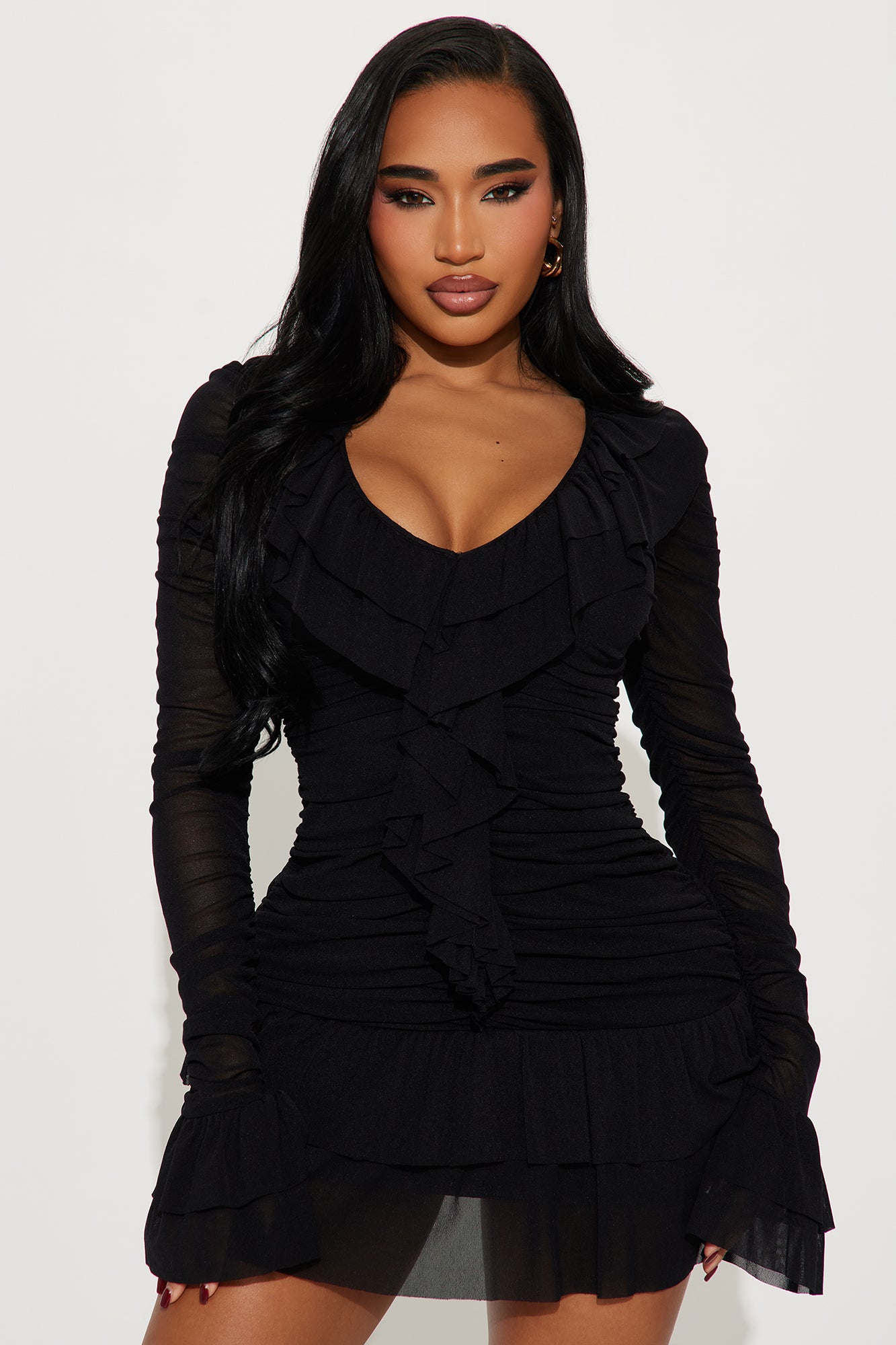 Sunlee Ruffle Mini Dress - Black