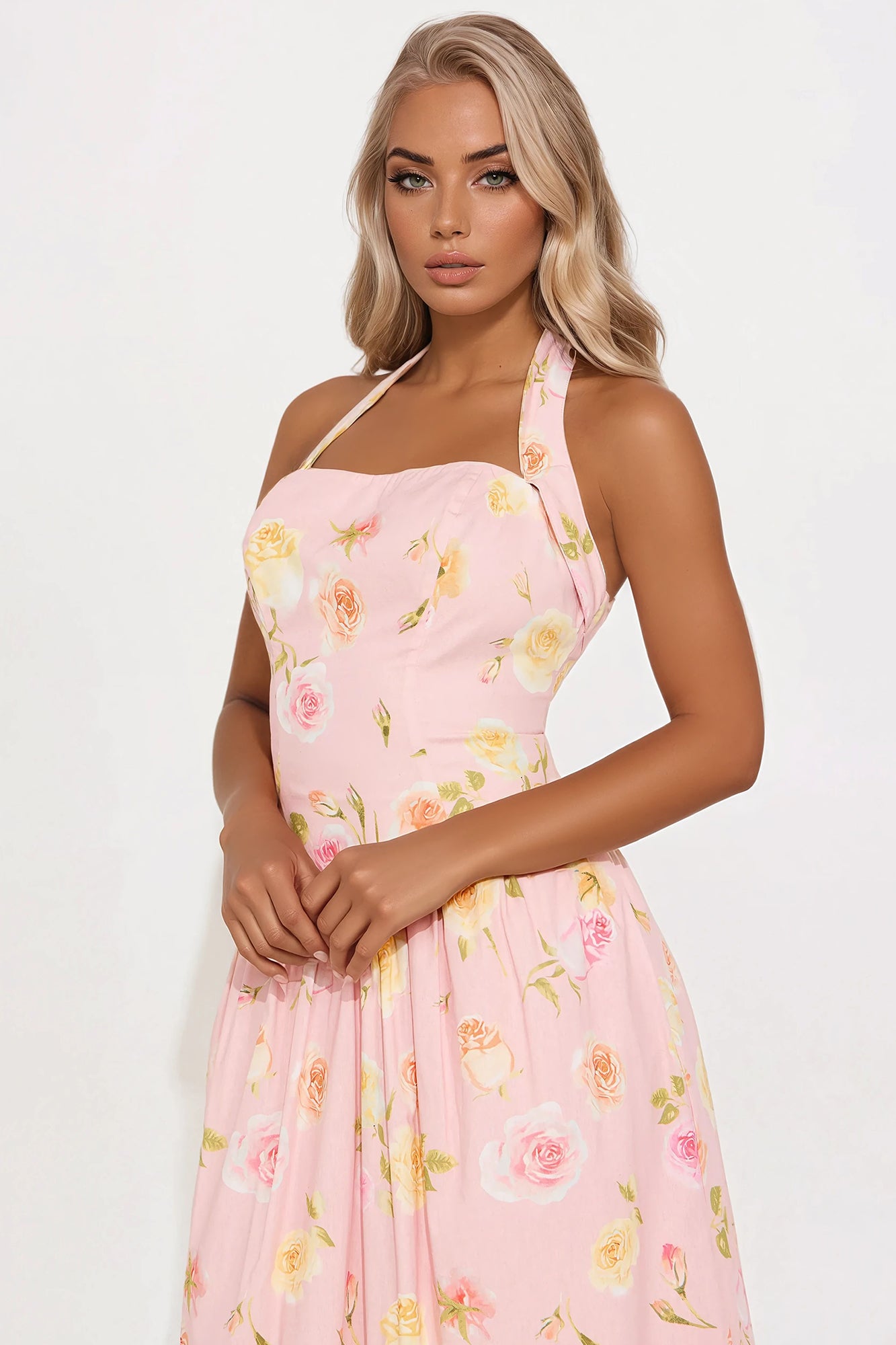 Adelia Floral Halter Midi Dress - Pink/combo