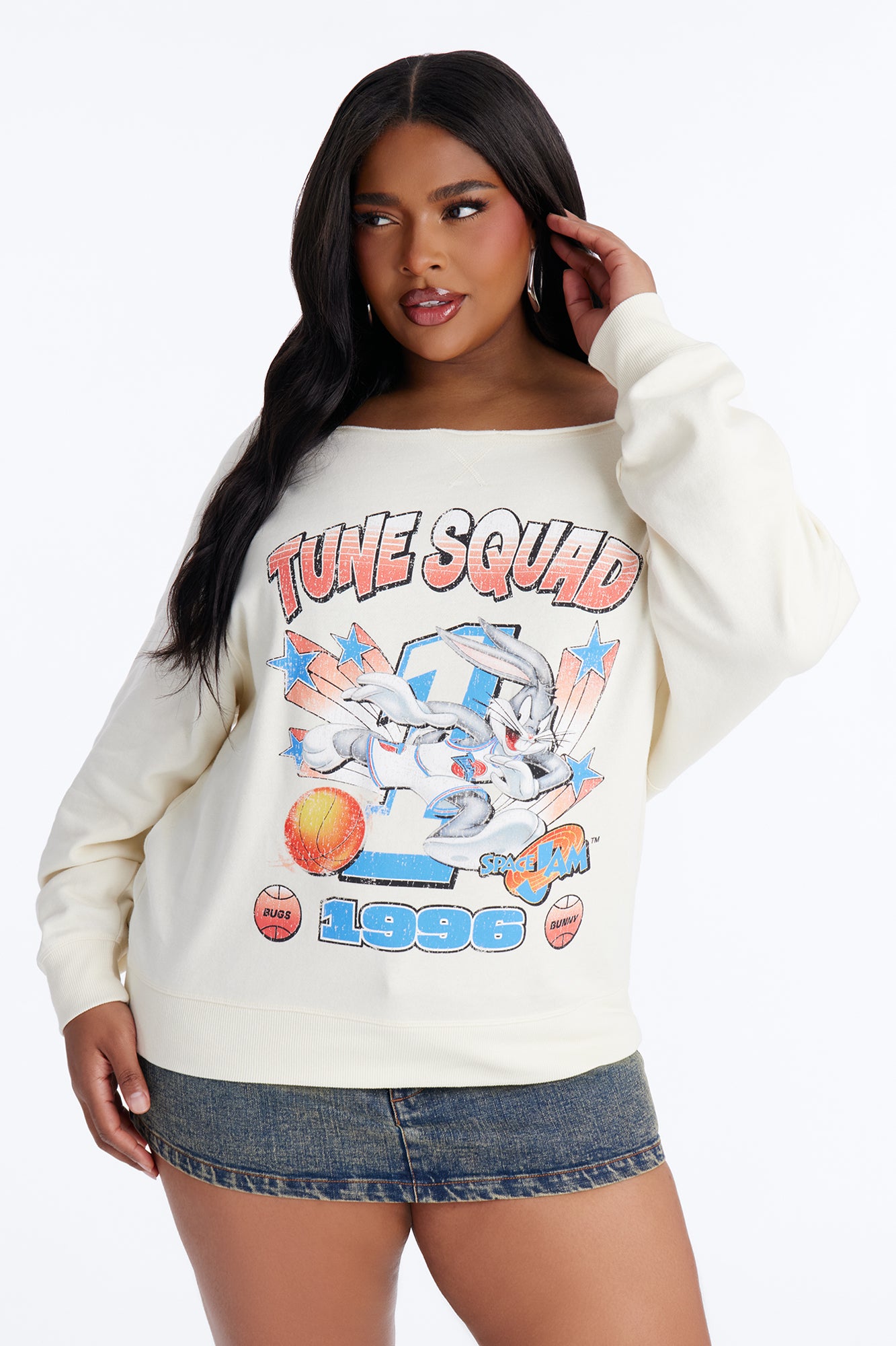 Space Jam Tune Squad Off Shoulder Sweatshirt - Cream