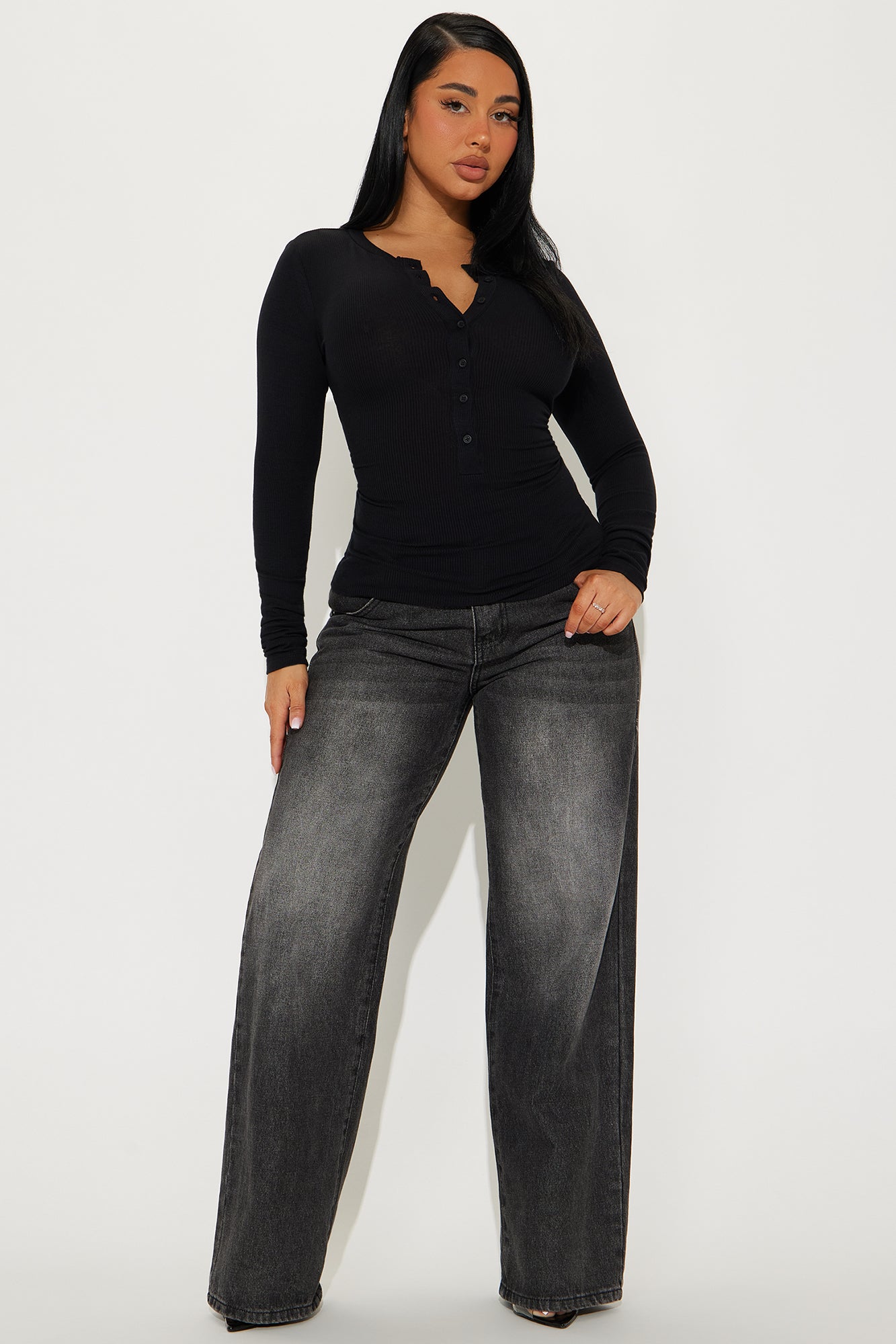 Elle Long Sleeve Henley Top - Black