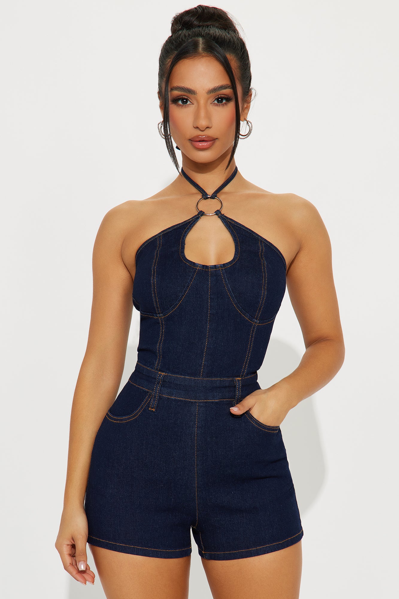Call Me Later Denim Romper - Dark Wash