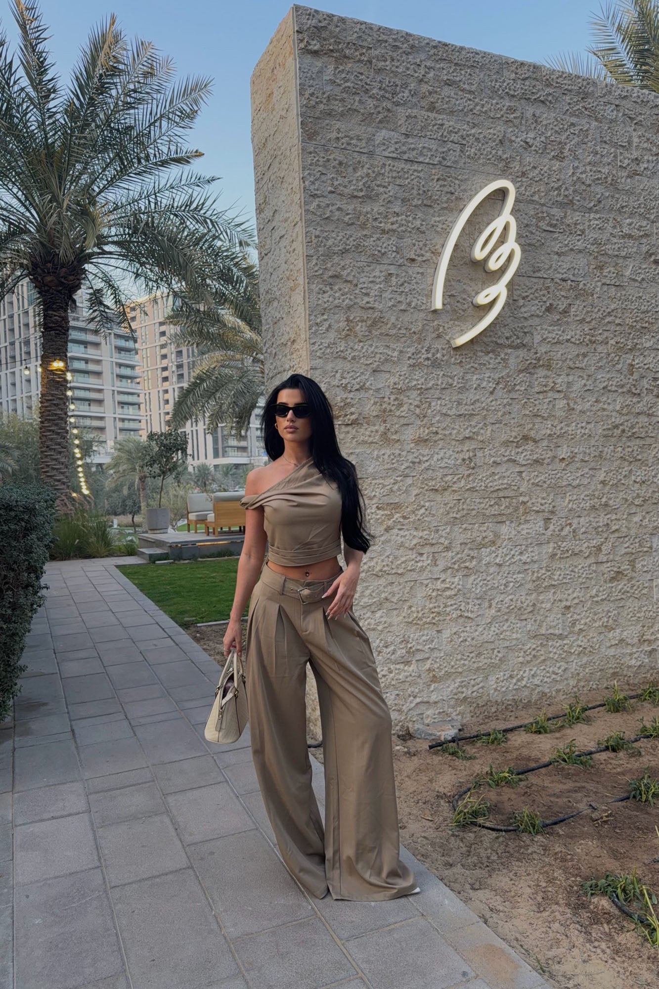 Adeline Off Shoulder Belted Pant Set - Khaki
