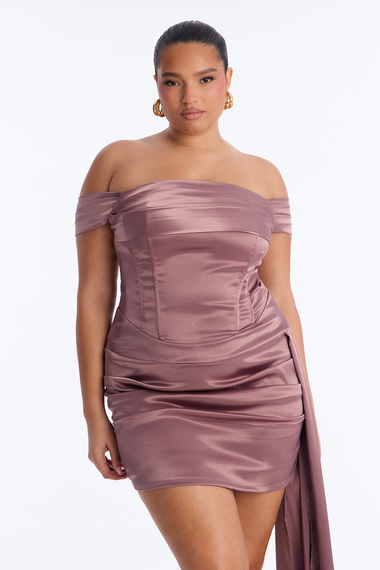 Daphne Off Shoulder Satin Mini Dress - Purple