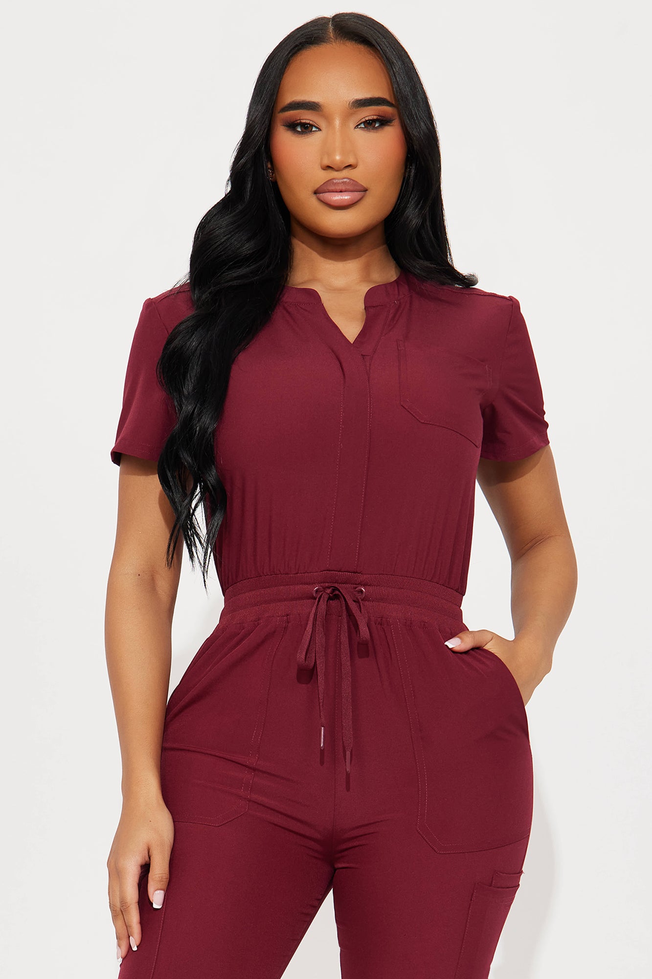 Full Shift Stretch Jogger Scrub Uniform Jumpsuit - Wine