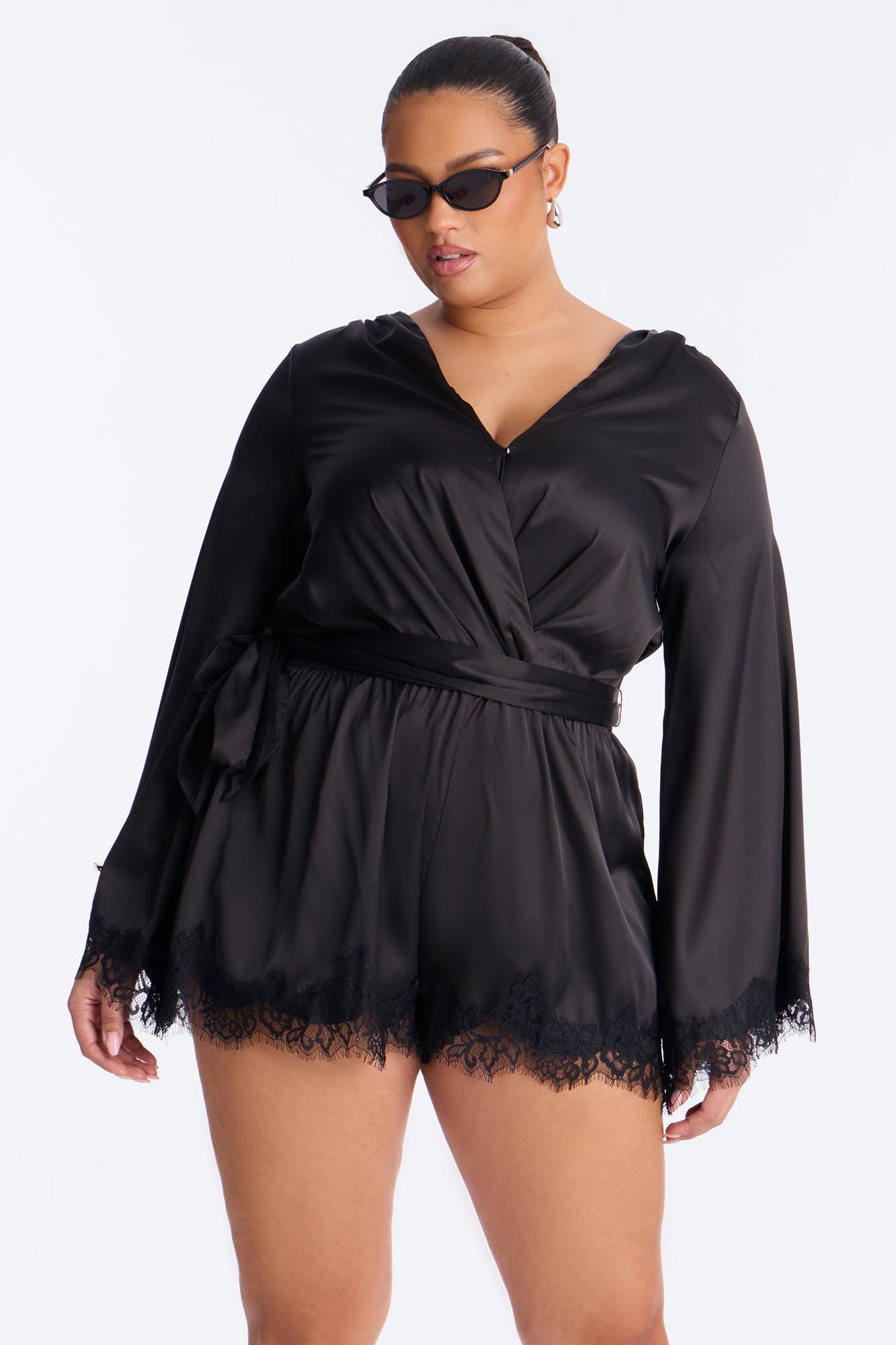Riana Satin Lace Trim Romper - Black
