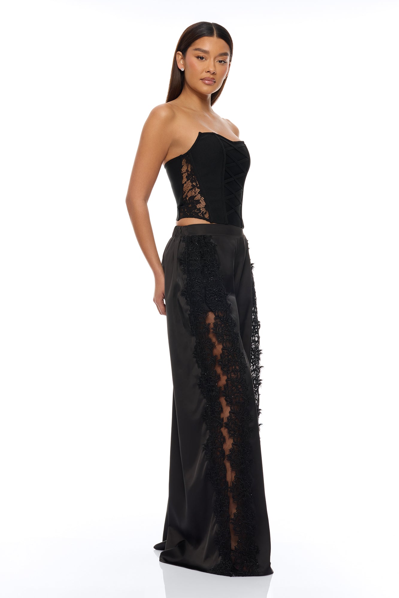 Lilah Embroidered Satin Pant - Black