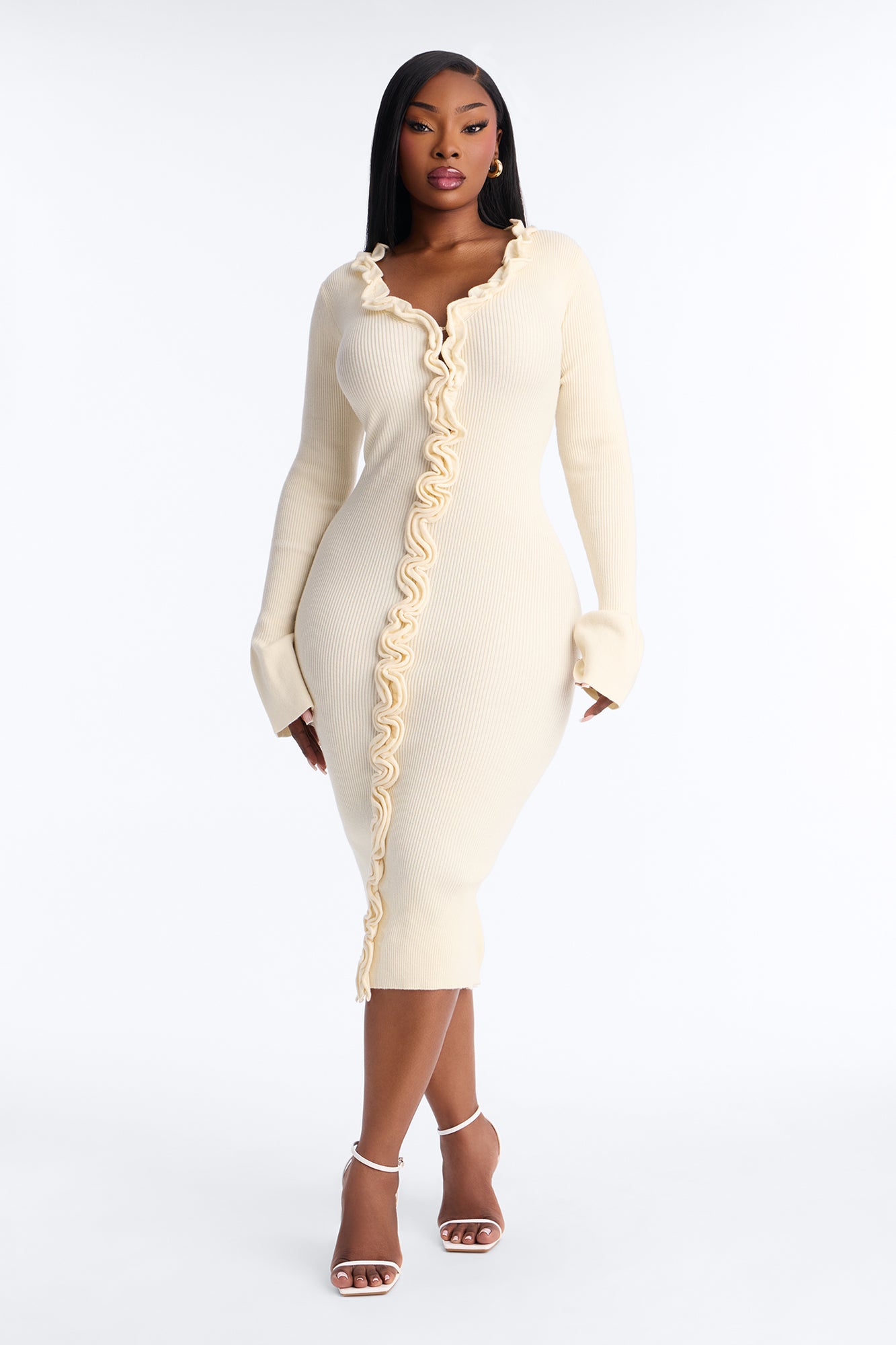 Sweet But Spicy Ruffle Midi Dress - Cream