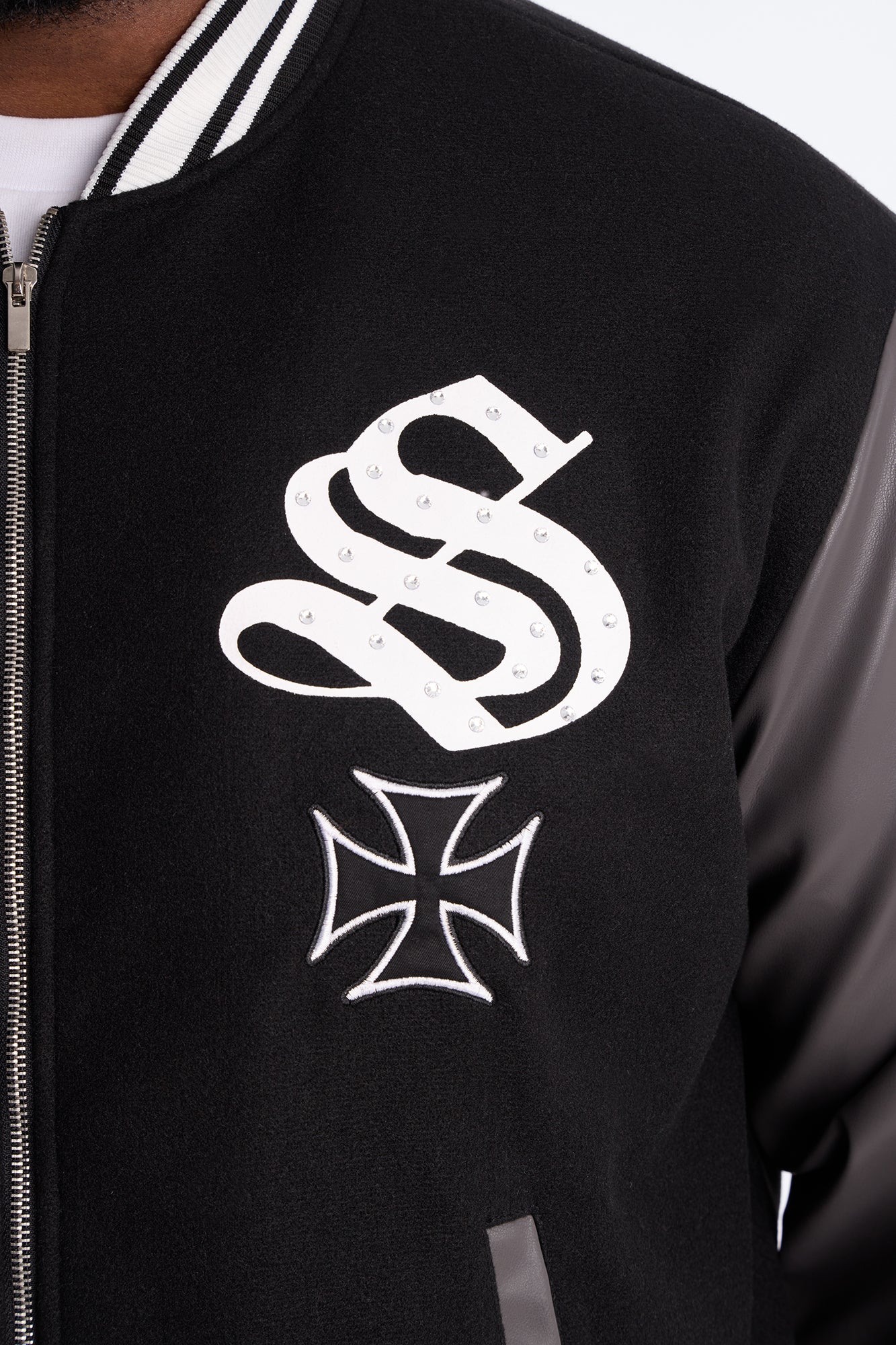 Grace Found Me Rhinestone Varsity Jacket - Black