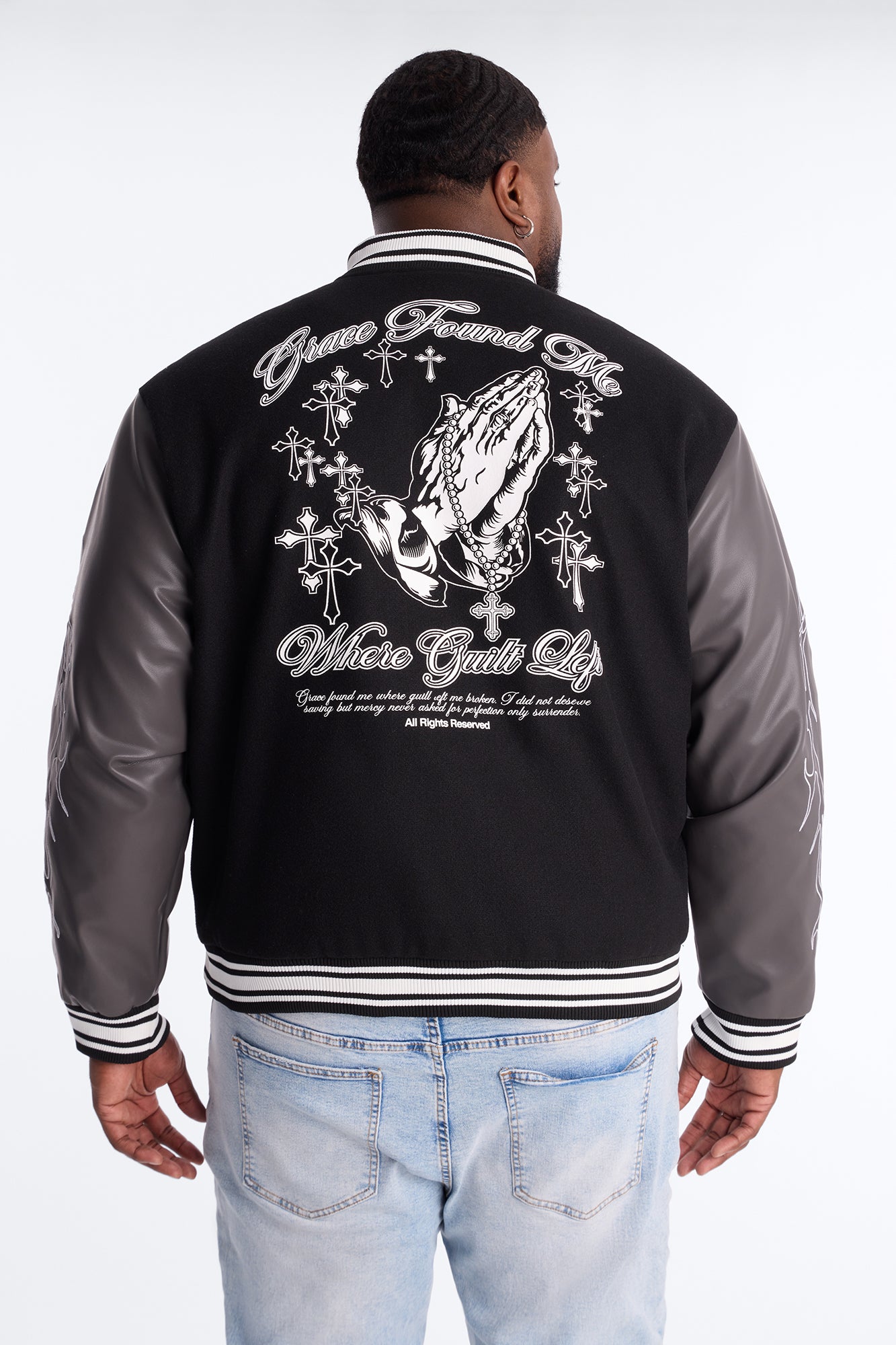 Grace Found Me Rhinestone Varsity Jacket - Black
