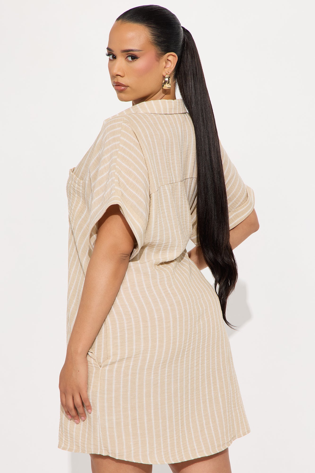 Quick Getaway Pinstripe Mini Dress - Taupe