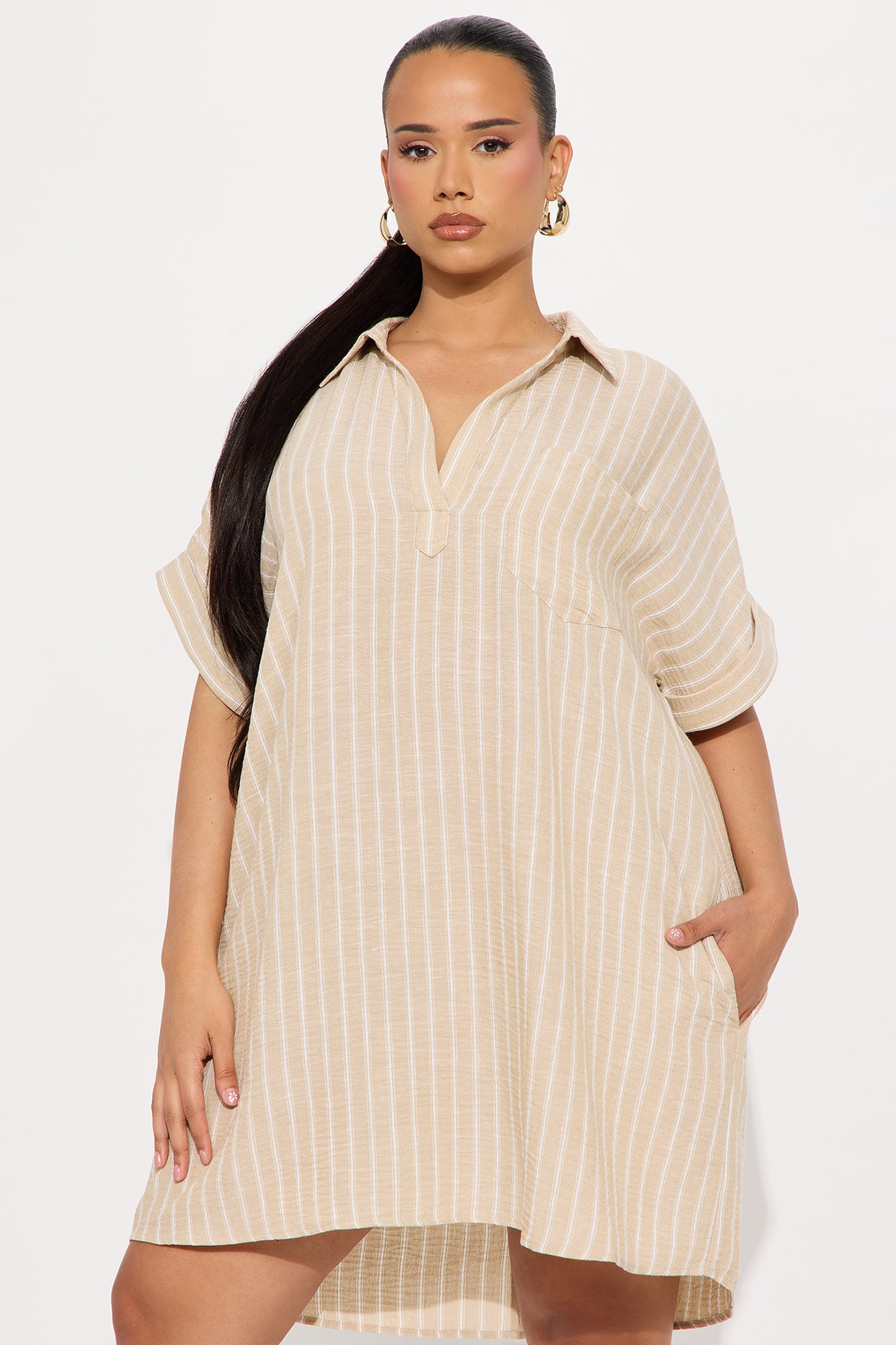 Quick Getaway Pinstripe Mini Dress - Taupe