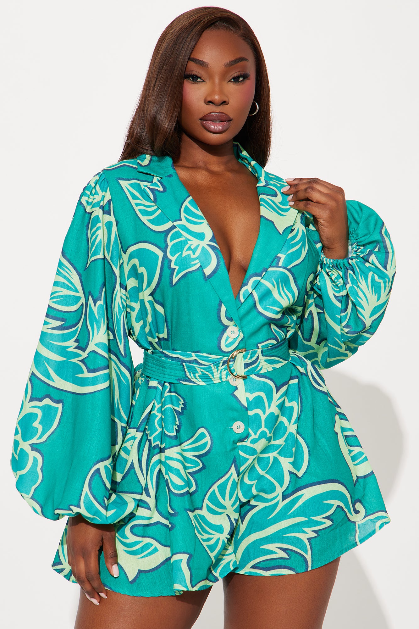 Far Away Belted Romper - Green/combo