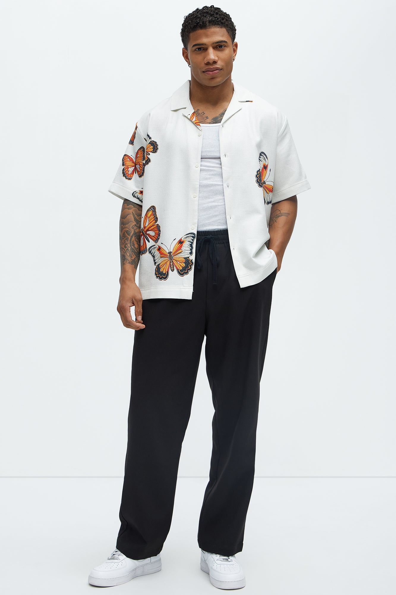 Butterfly Linen Like Button Up Shirt - Off White/combo