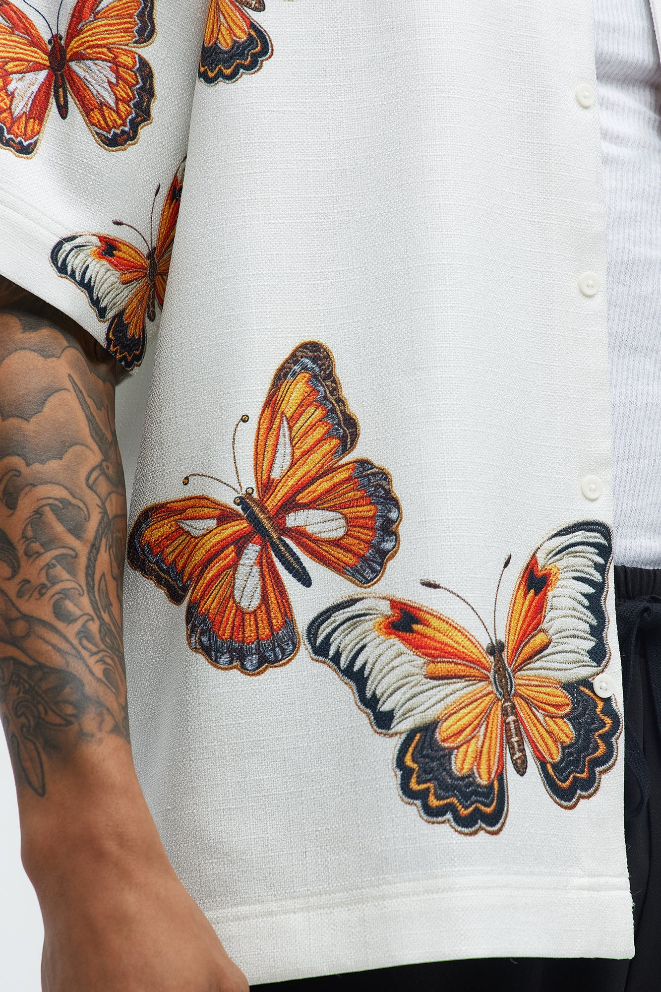 Butterfly Linen Like Button Up Shirt - Off White/combo