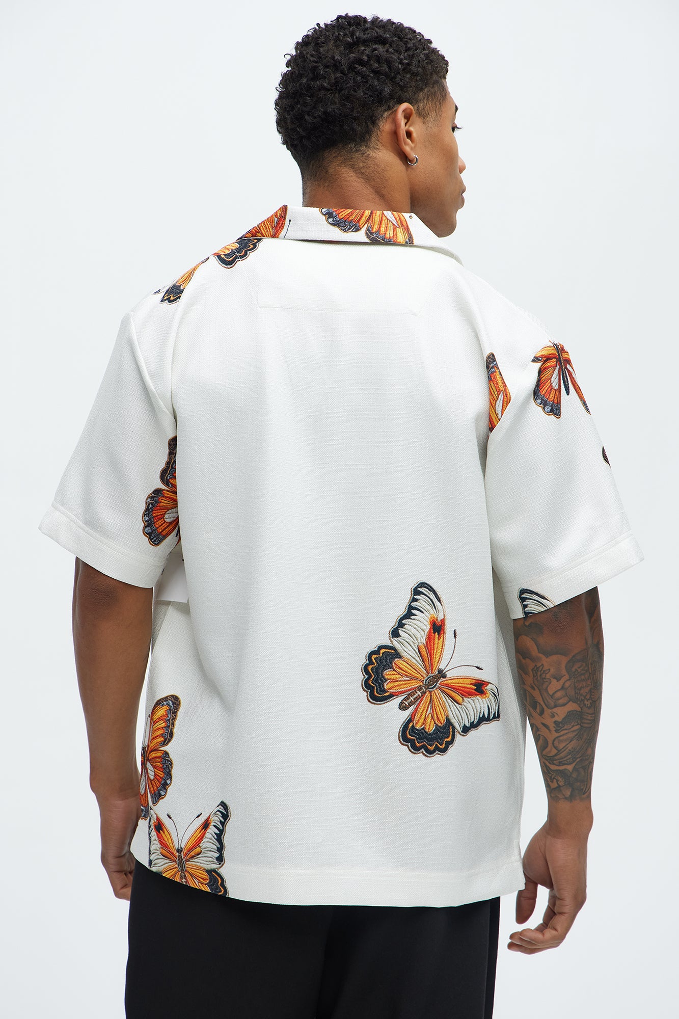 Butterfly Linen Like Button Up Shirt - Off White/combo