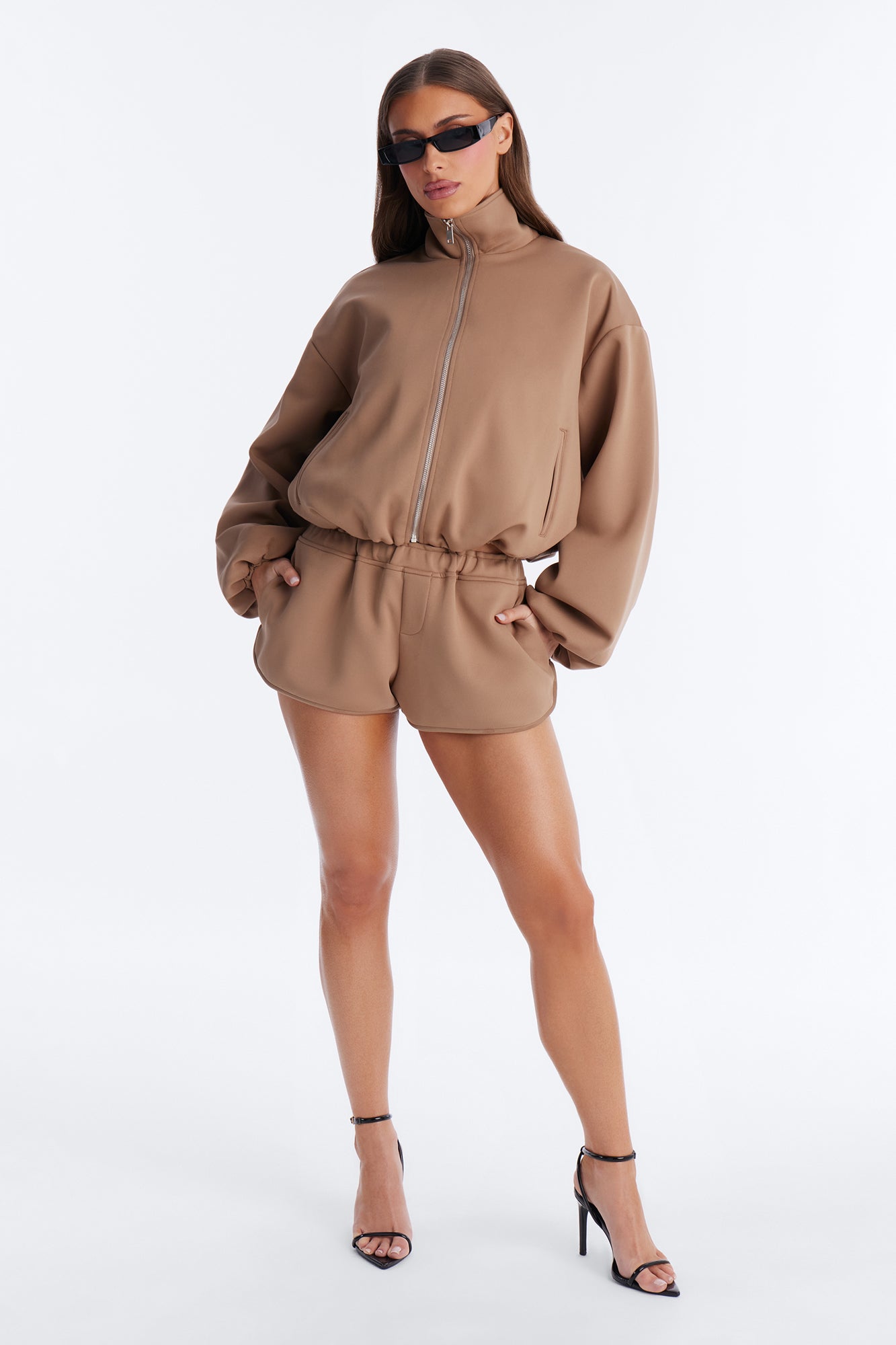 Nayeli Scuba Bubble Hem Bomber Jacket - Khaki
